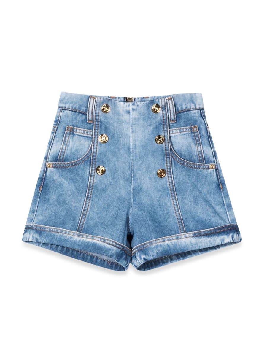 Shop Balmain Short Shorts With Gold Buttons In Azure