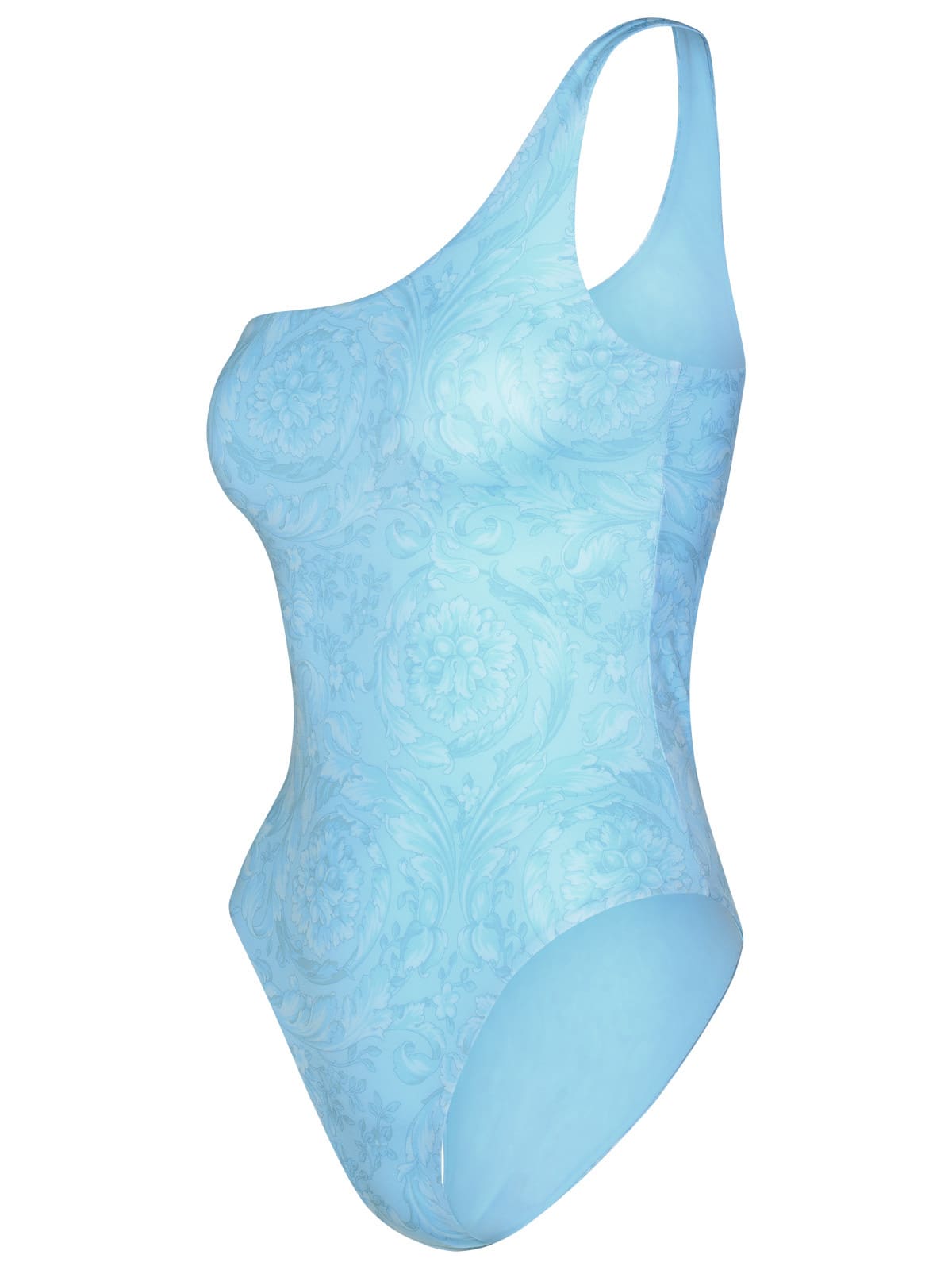 Shop Versace Asymmetric Barocco One-piece Swimsuit In Light Blue Polyester Blend