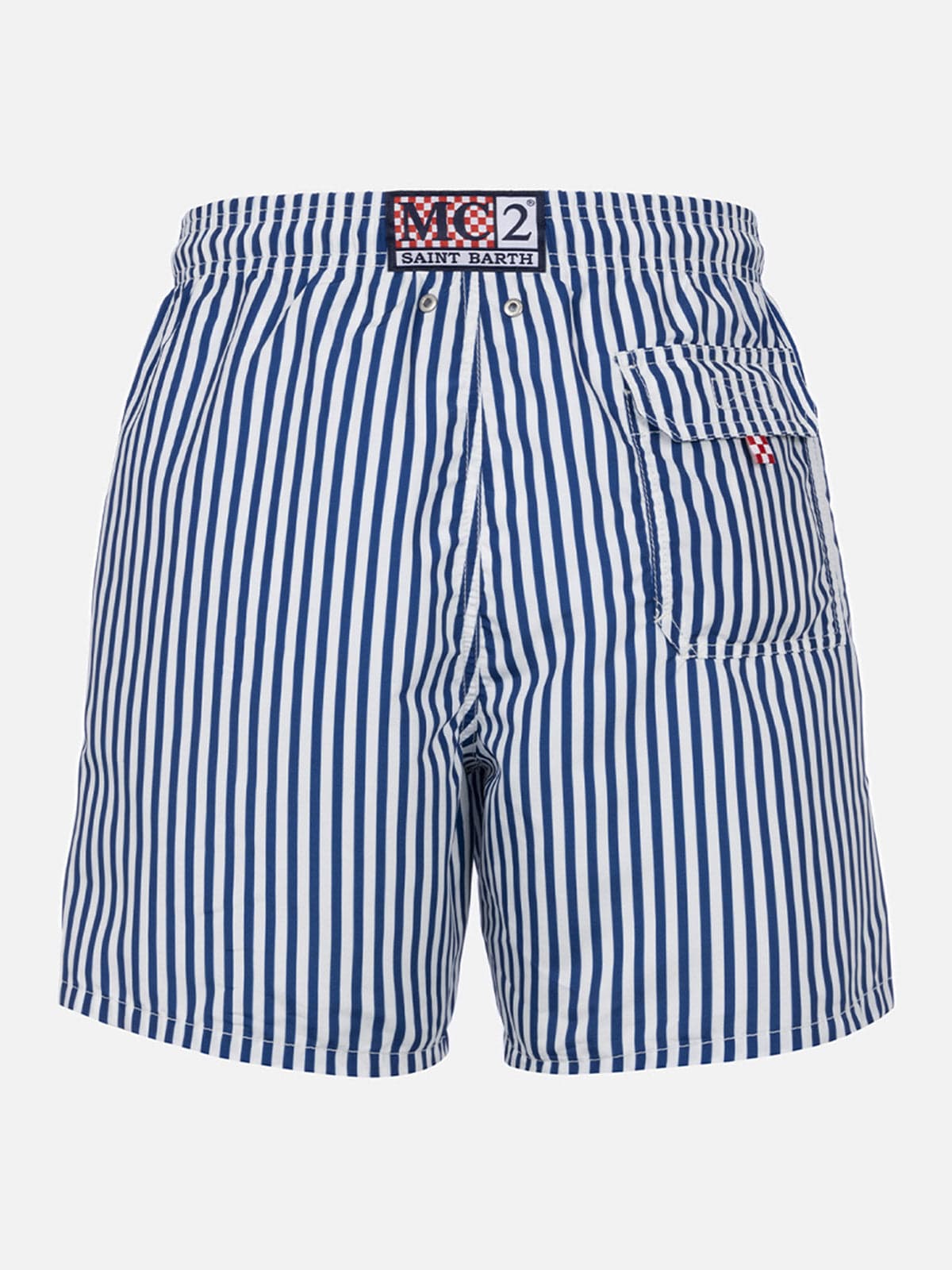 Mc2 Saint Barth Man Mid-length Striped Gustavia Swim-shorts With St. Barth Embroidery In Blue