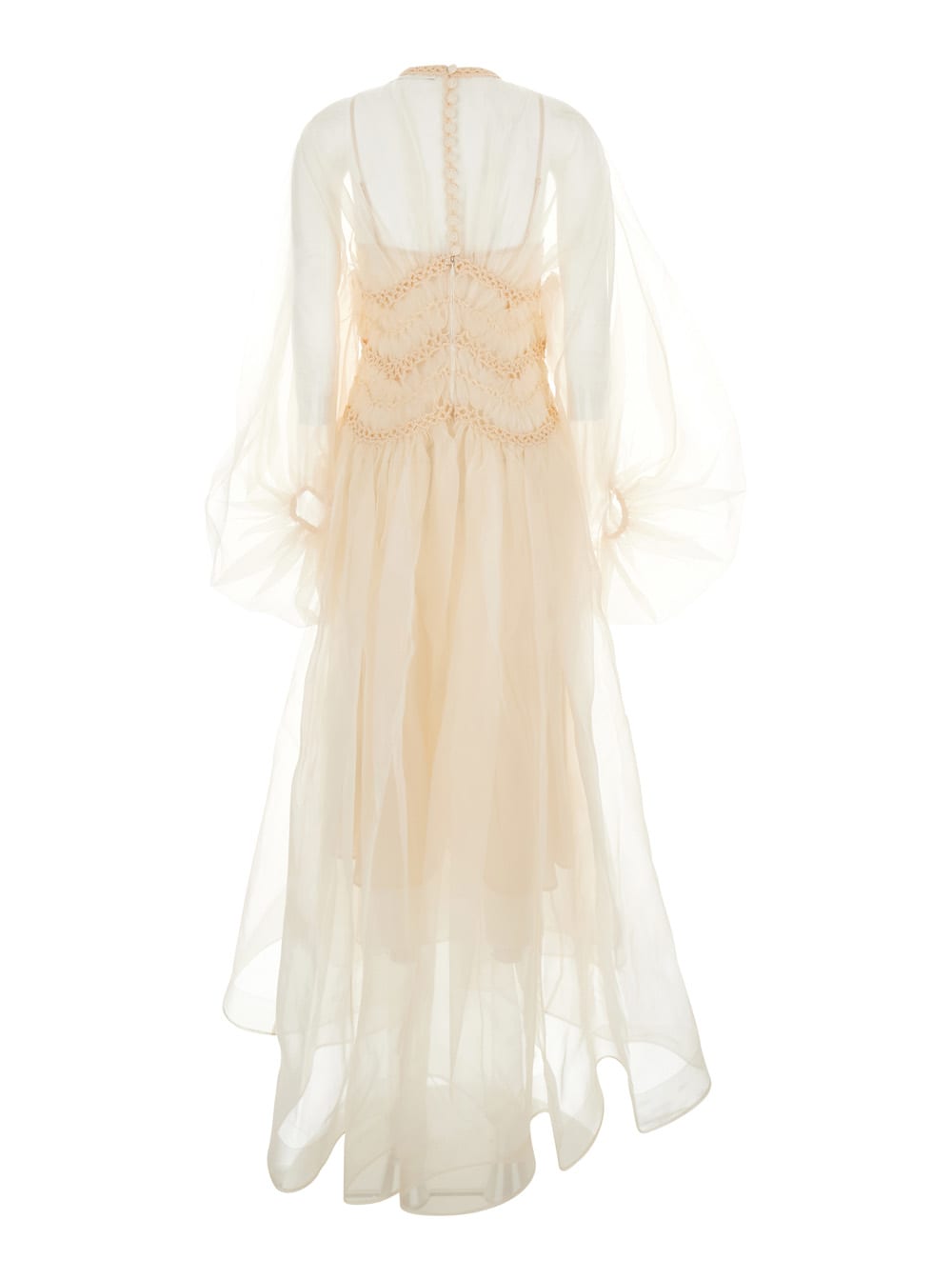 Shop Zimmermann Illuminate Beige Crewneck Dress With Wide Elastic Long Sleeves And Macrame Details On Neck And Waist