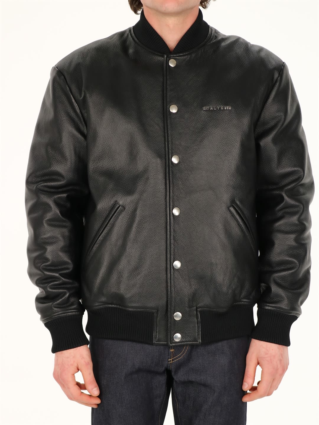 Alyx Varsity Bomber Jacket Black Leather Varsity Jacket With Metal Logo In Black