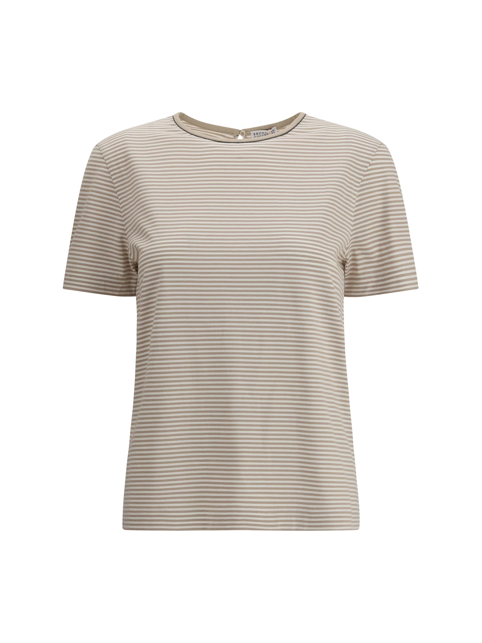 Brunello Cucinelli Striped Crew Neck T-shirt With Keyhole Detail In Gray