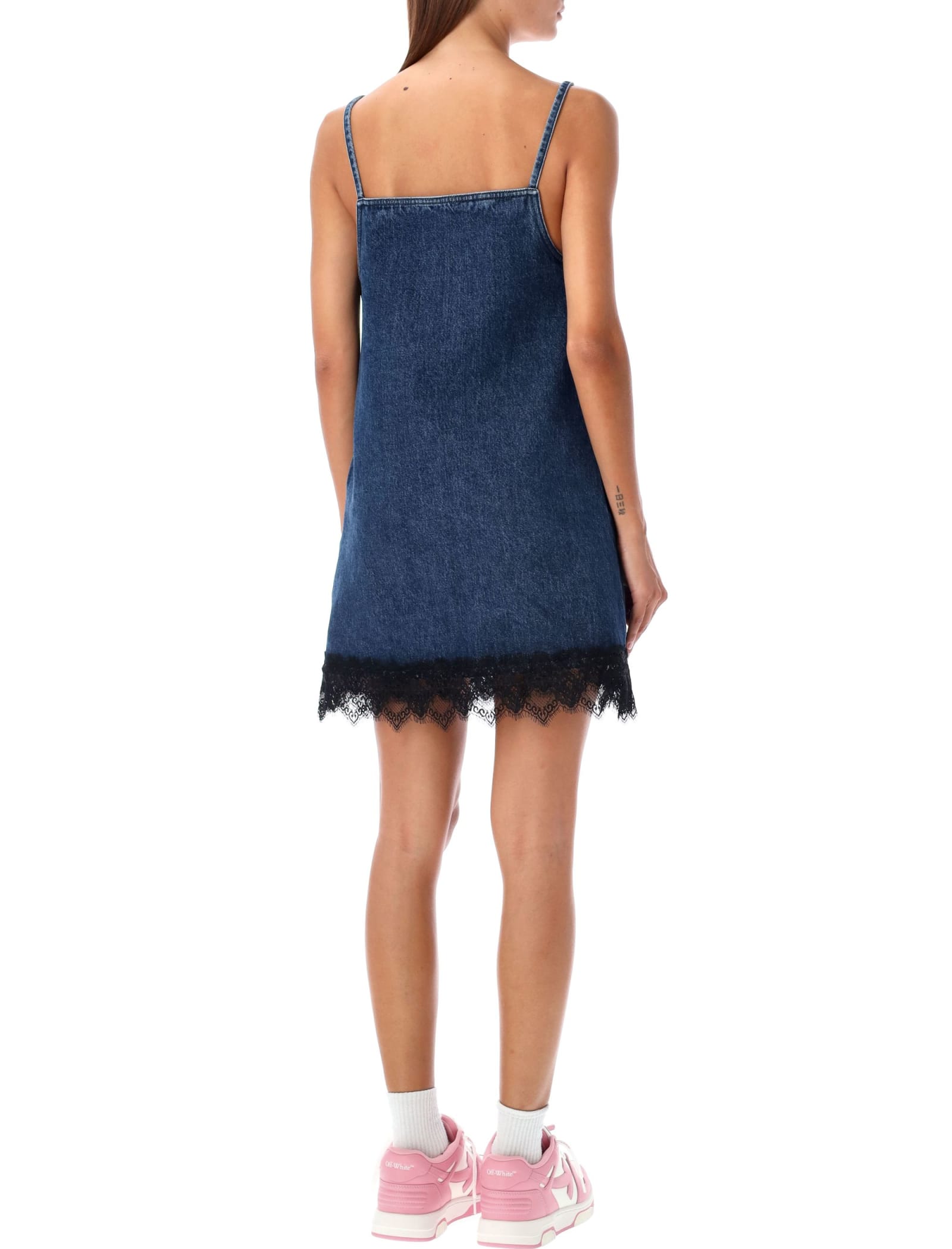 Shop Off-white Lace Detail Mini Dress In Deep Blue