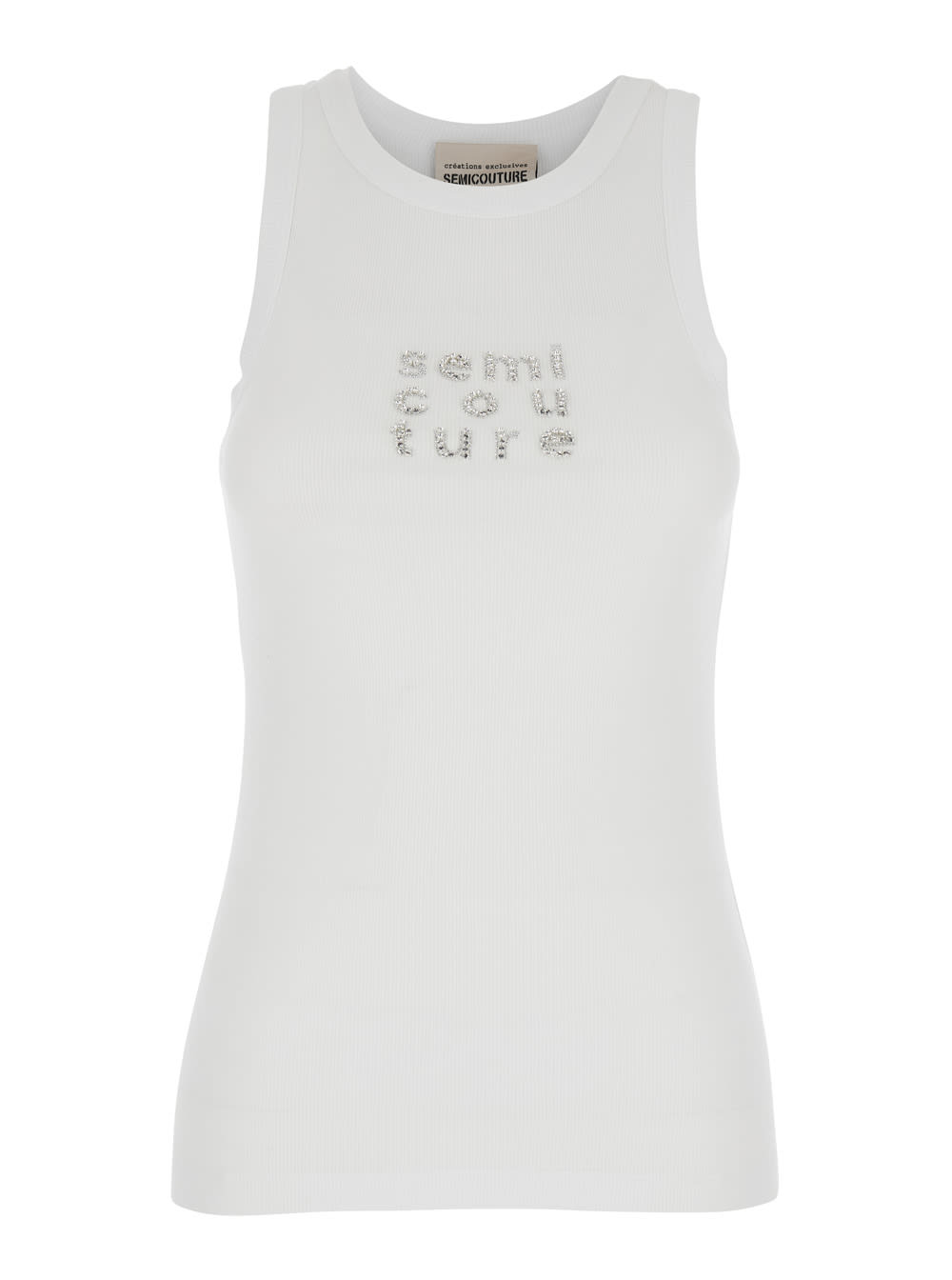 White Ribbed Top With Logo Detail On The Front In Cotton Blend Woman