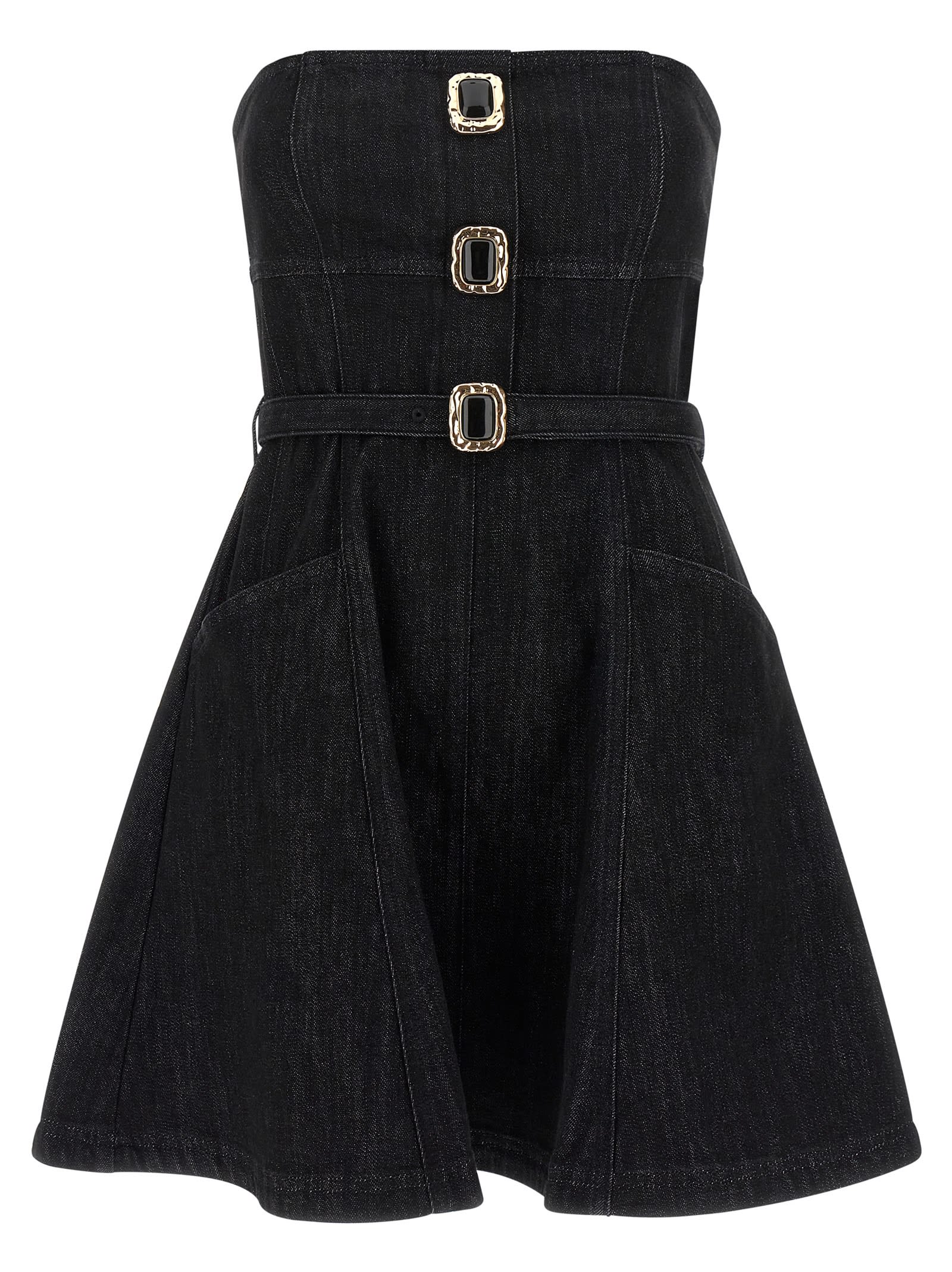 Self-portrait Strapless Black Cotton Denim Mini Dress With Jewel Button Detail In Black