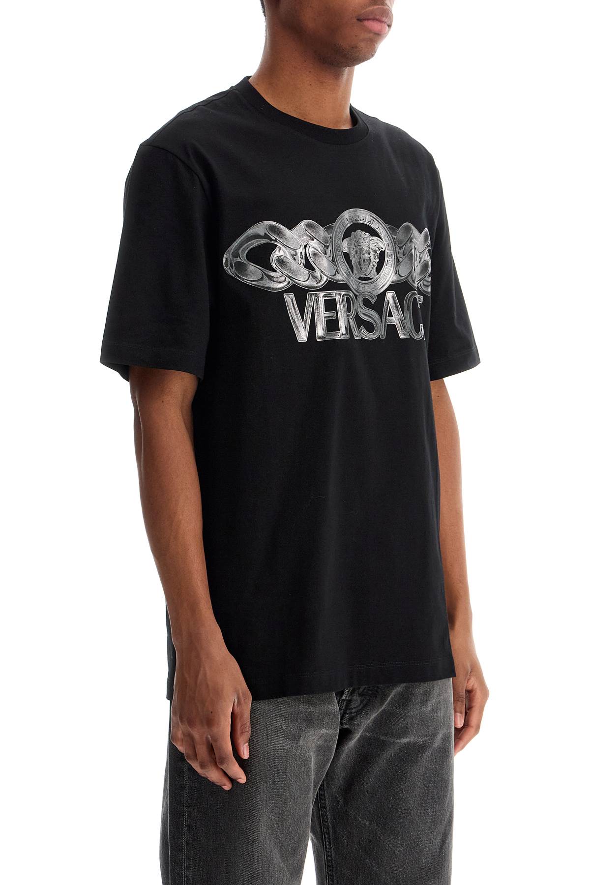 Versace Black T-shirt With Medusa Head Logo Print On The Front In Cotton Man In Blackprint