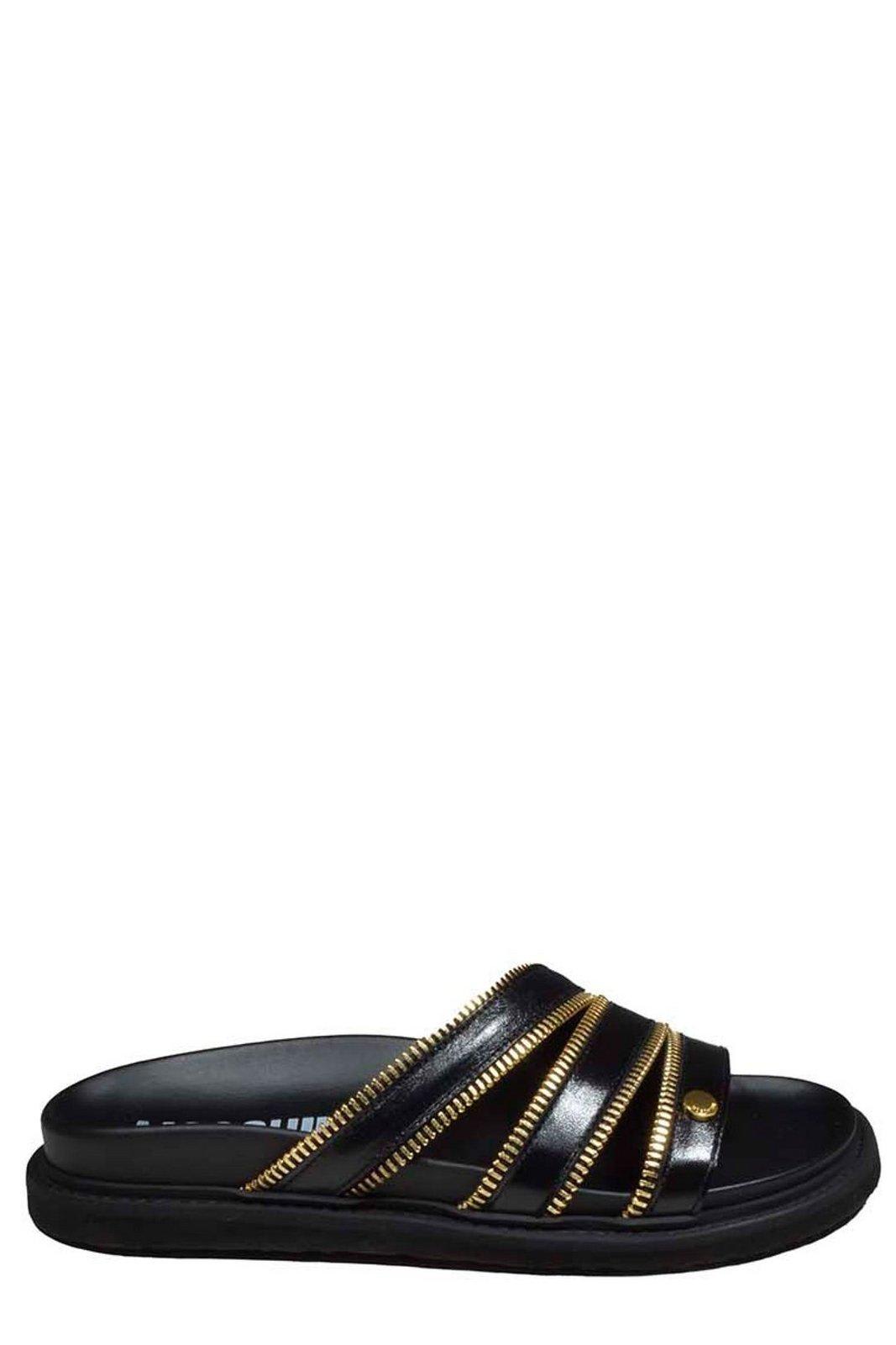 Shop Moschino Zip-detailed Round-toe Slides In Nero