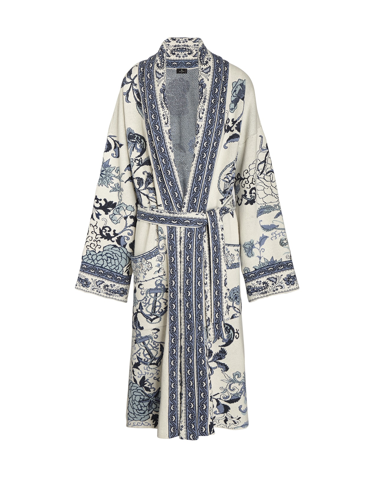 ETRO WOMAN LONG COAT IN WHITE AND BLUE JACQUARD KNIT