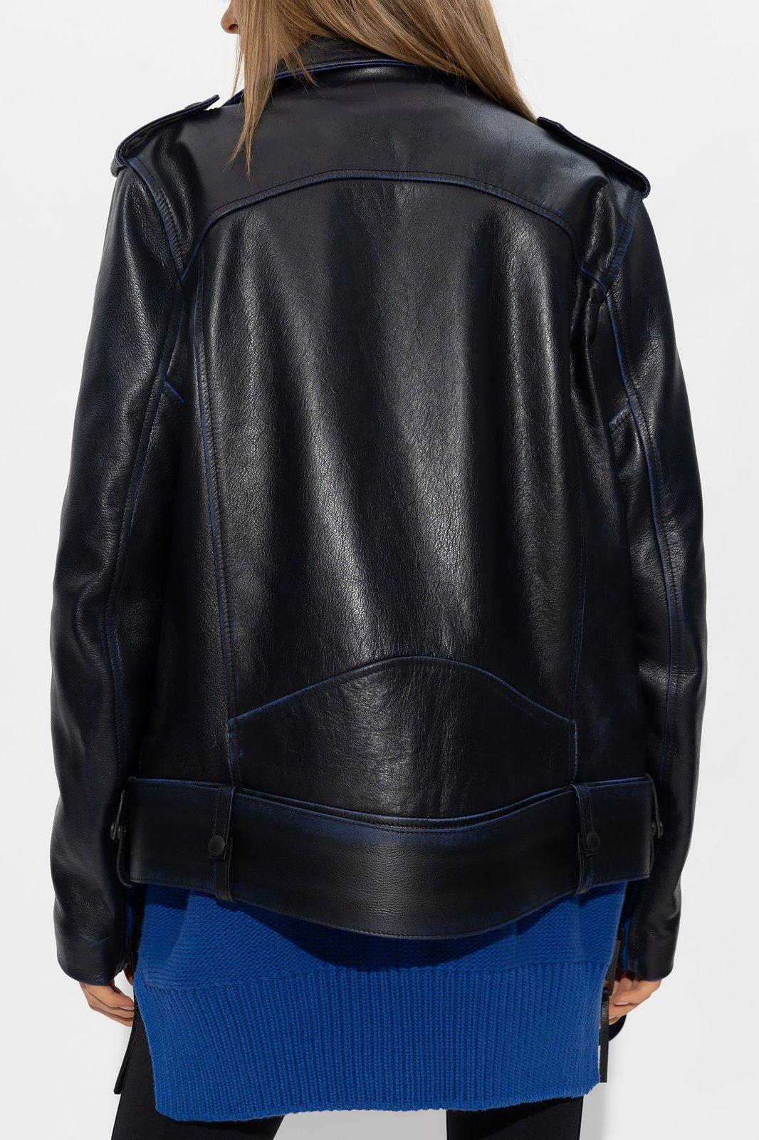 Shop Off-white Belted Leather Jacket In Blue White