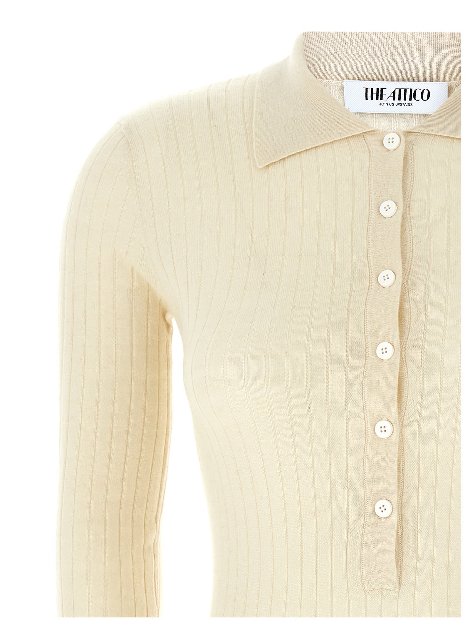 Attico Collared Ribbed Knit Sweater With Long Sleeves In White