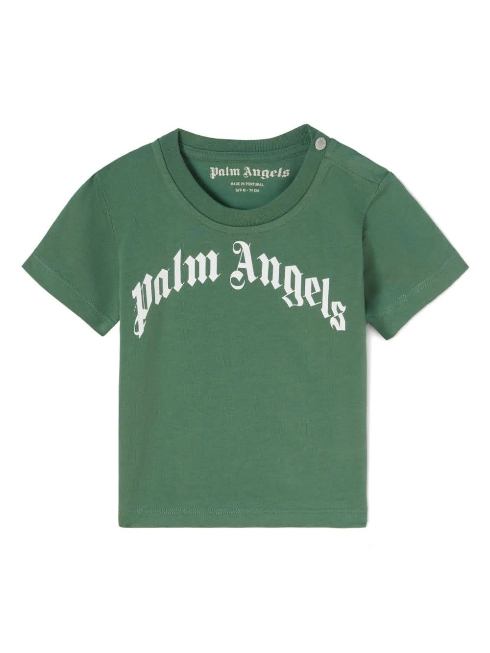 Shop Palm Angels Green T-shirt With Curved Logo