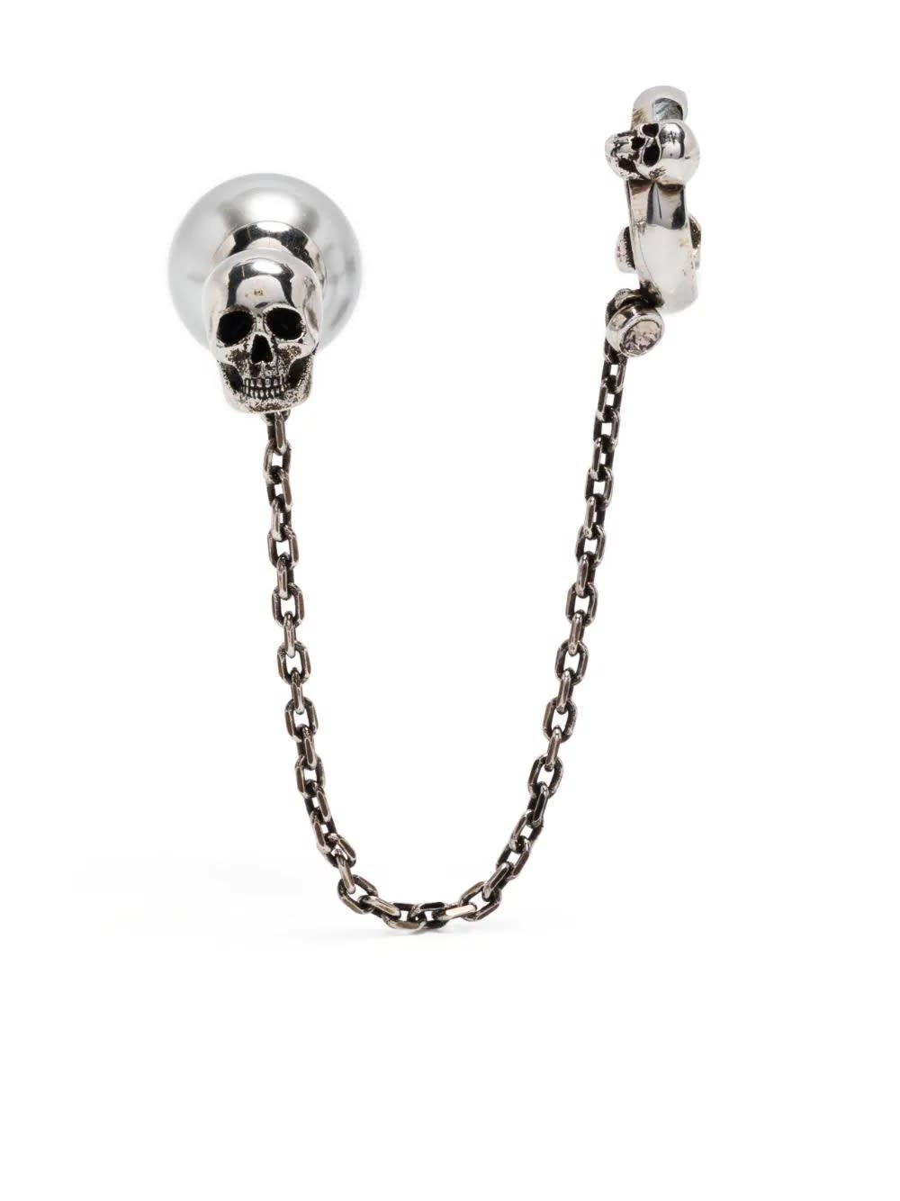 ALEXANDER MCQUEEN CHAIN EARRING WITH SKULL AND PEARL IN SILVER