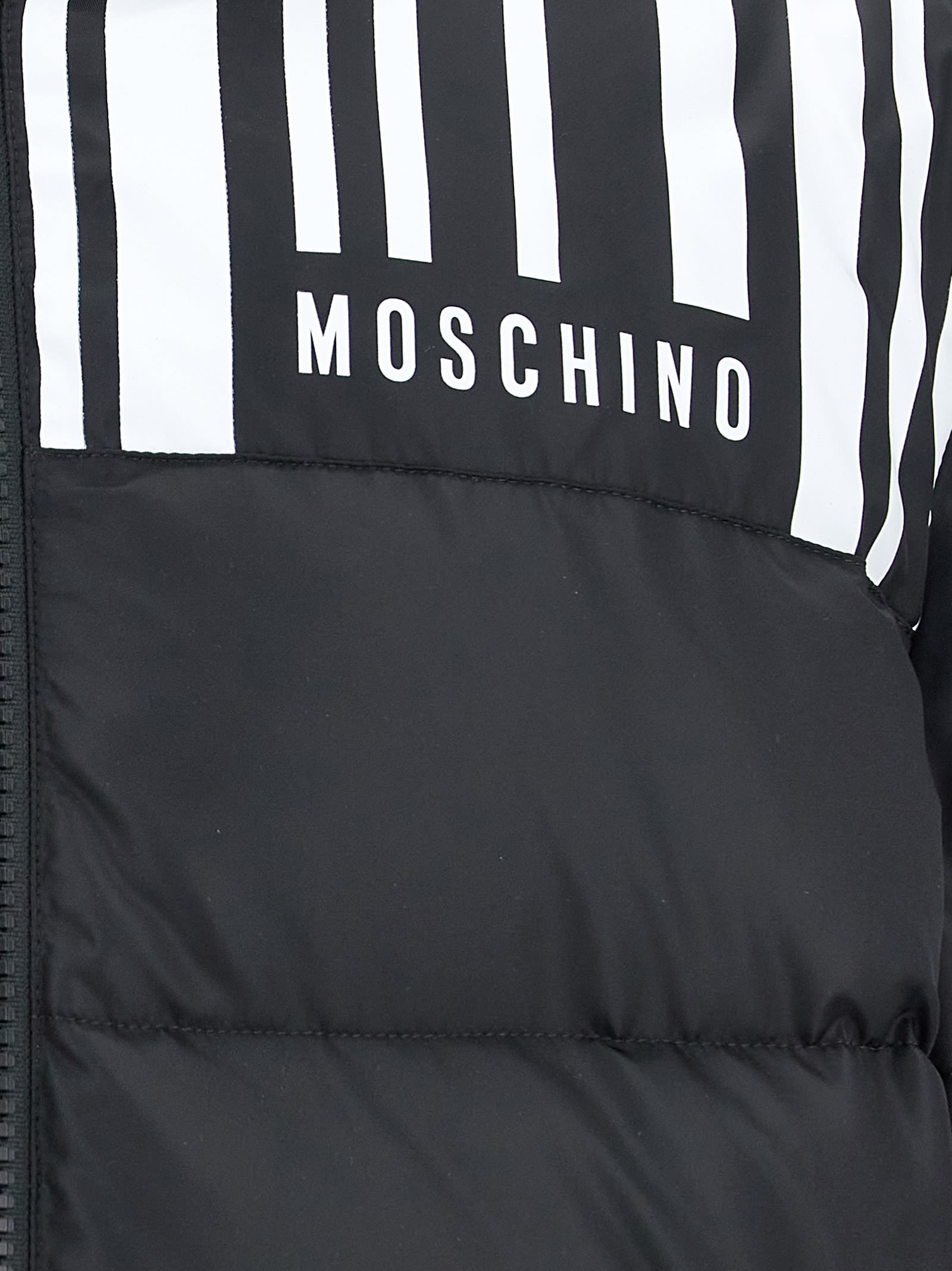 Shop Moschino Contrast Print Down Jacket. In White/black