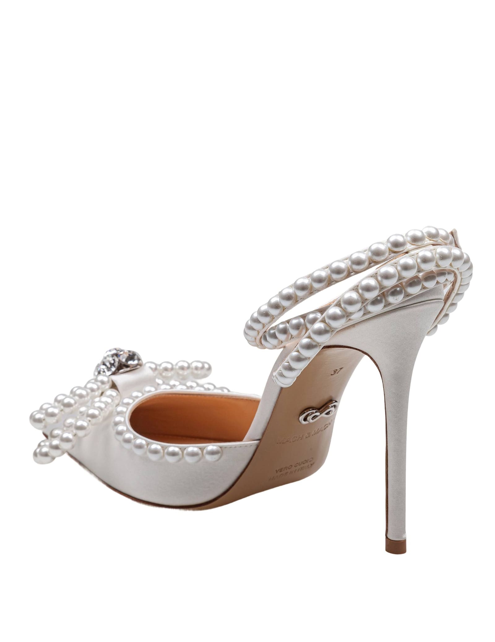 Mach &amp; Mach Satin Double Decollete With Pearl Bow In White