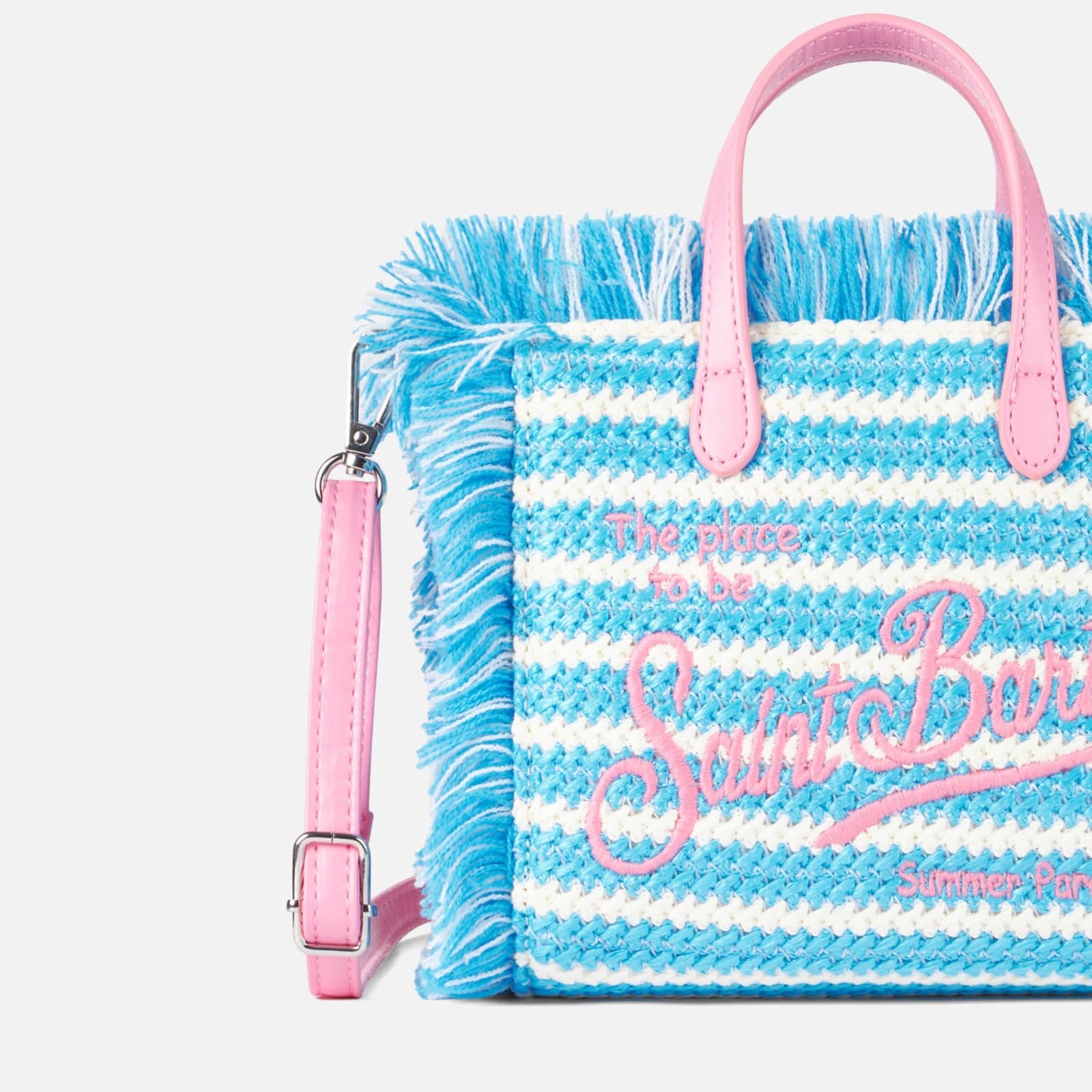 Shop Mc2 Saint Barth Mini Vanity Straw Bag With Embroidery And Stripes In Sky