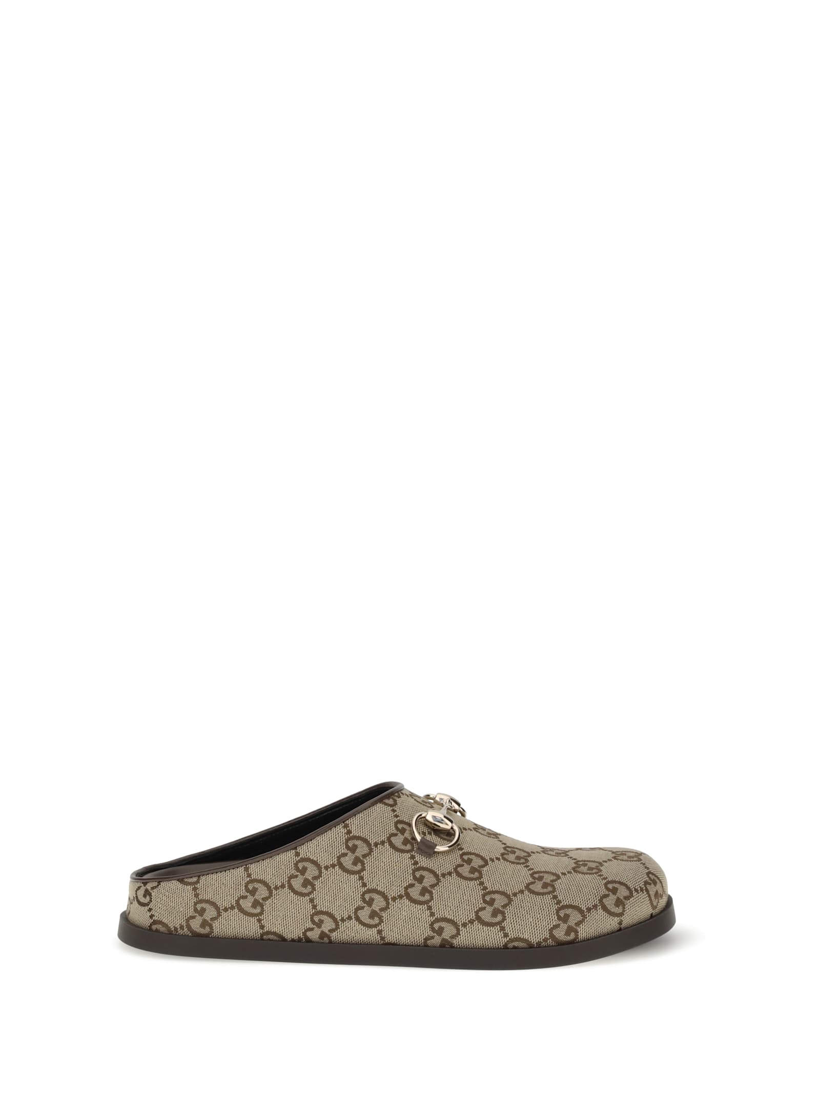 Gucci Gg Monogram Horsebit Flat Mules In Brown