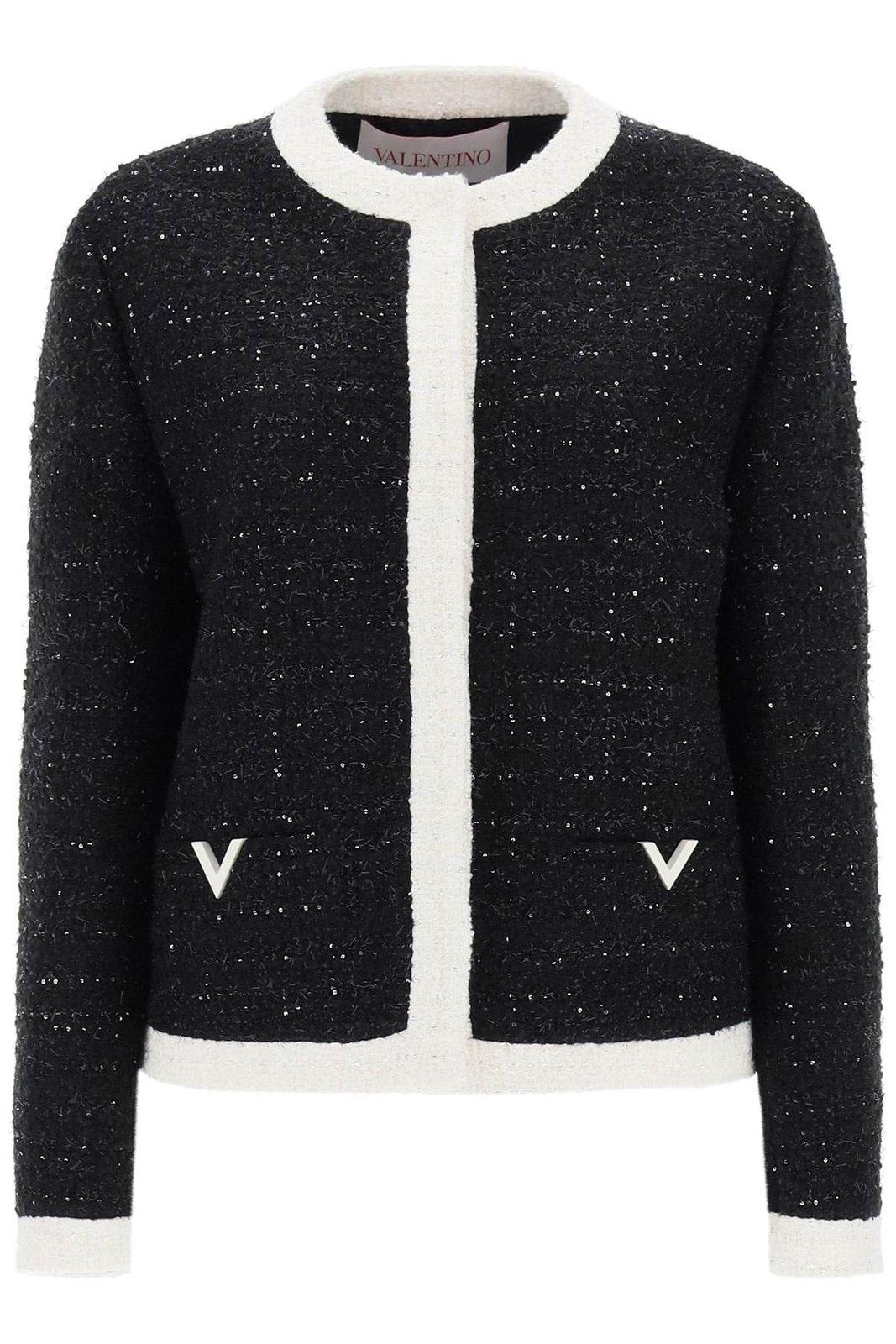 Shop Valentino Logo Plaque Crewneck Tweed Jacket In Nero Lurex/avorio Lurex