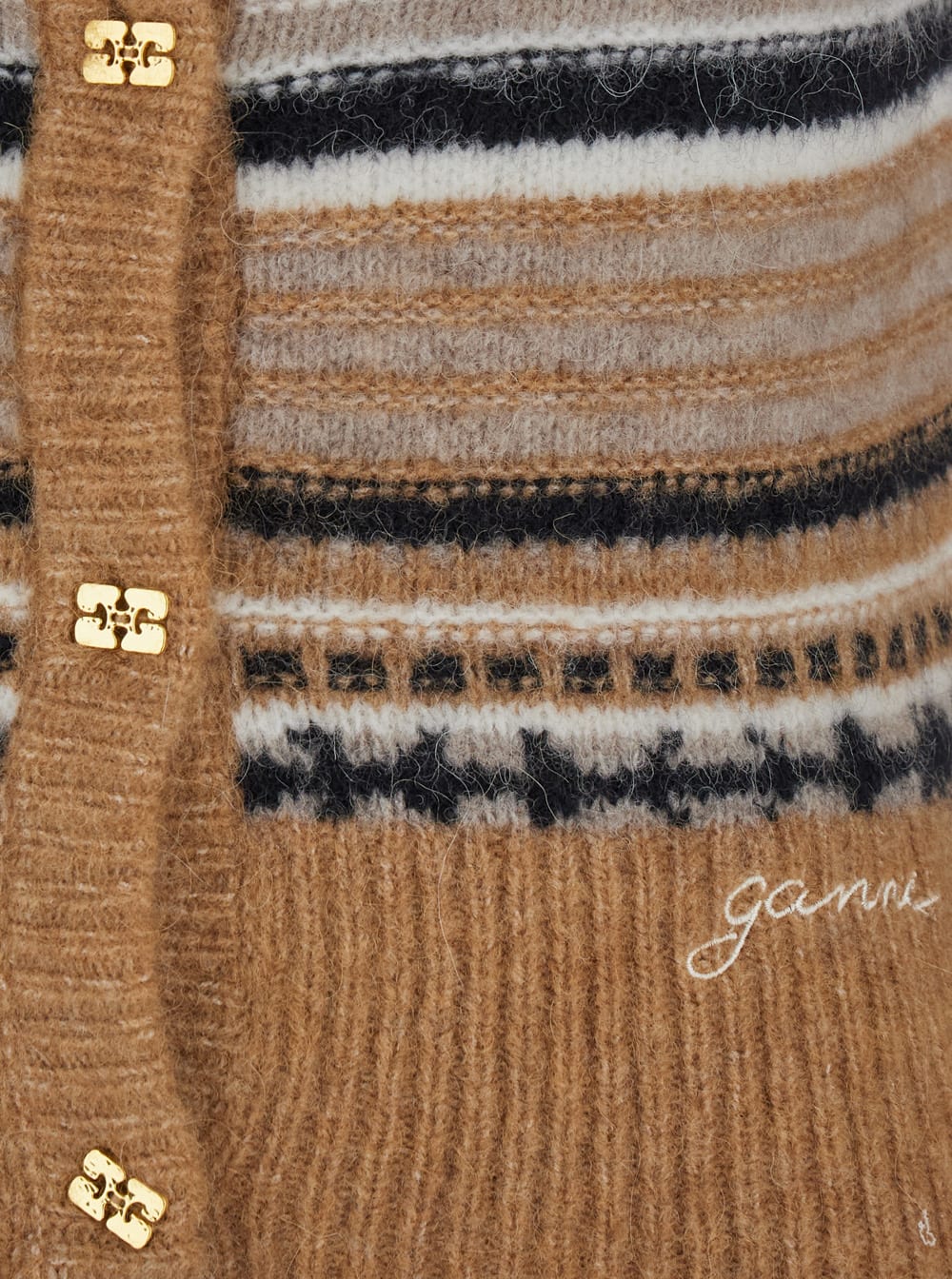 Shop Ganni Multicolor Striped Cardigan With Logo Embroidery In Wool Woman