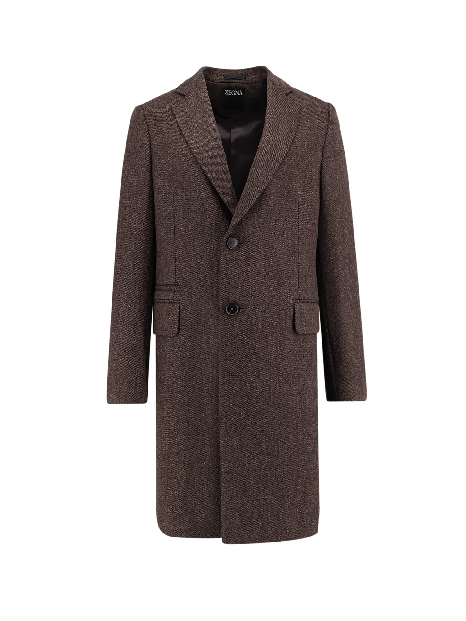 Zegna Long Single-breasted Wool Coat With Flap Pockets In Brown