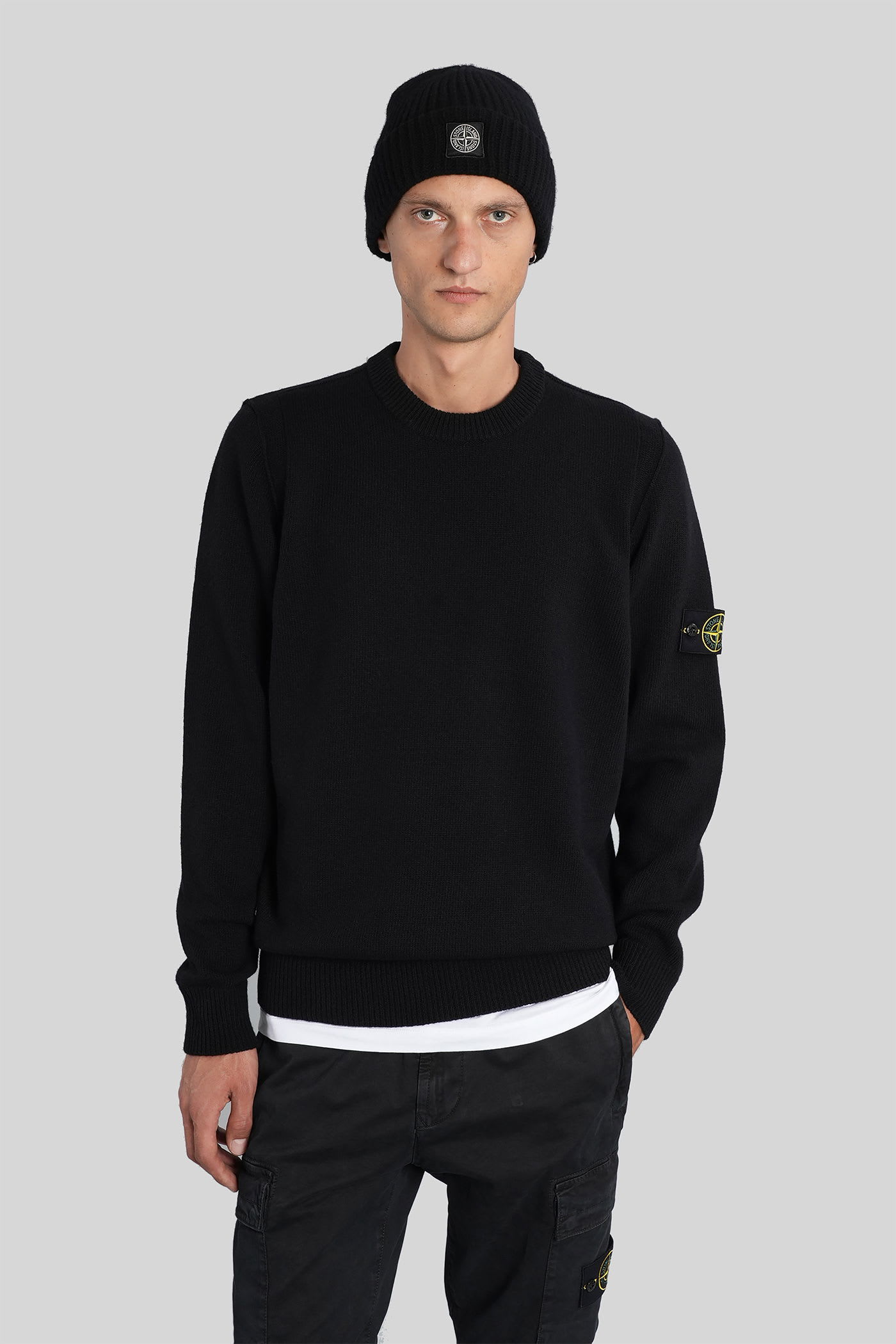 Stone Island Stretch Wool Crewneck Sweater With Reverse Stitch Details In Black