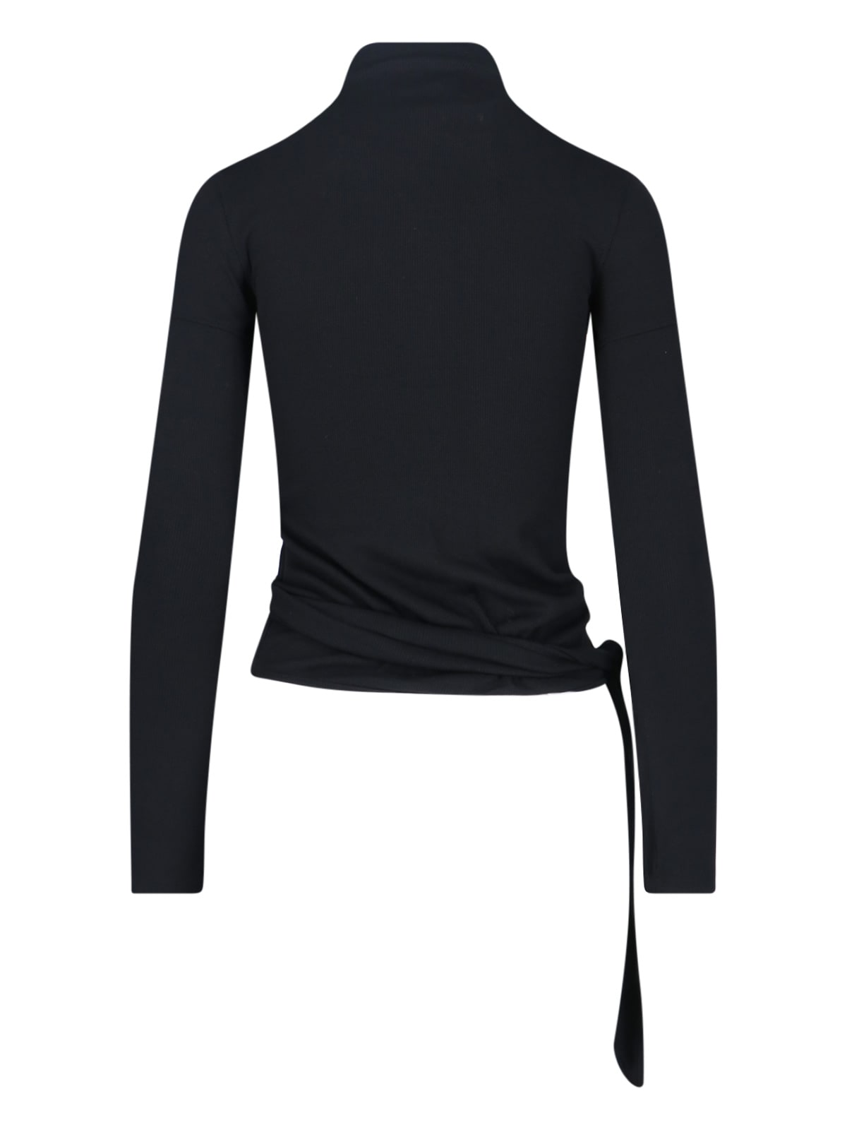Low Classic Long Sleeve Mock Neck Top With Tie In Black