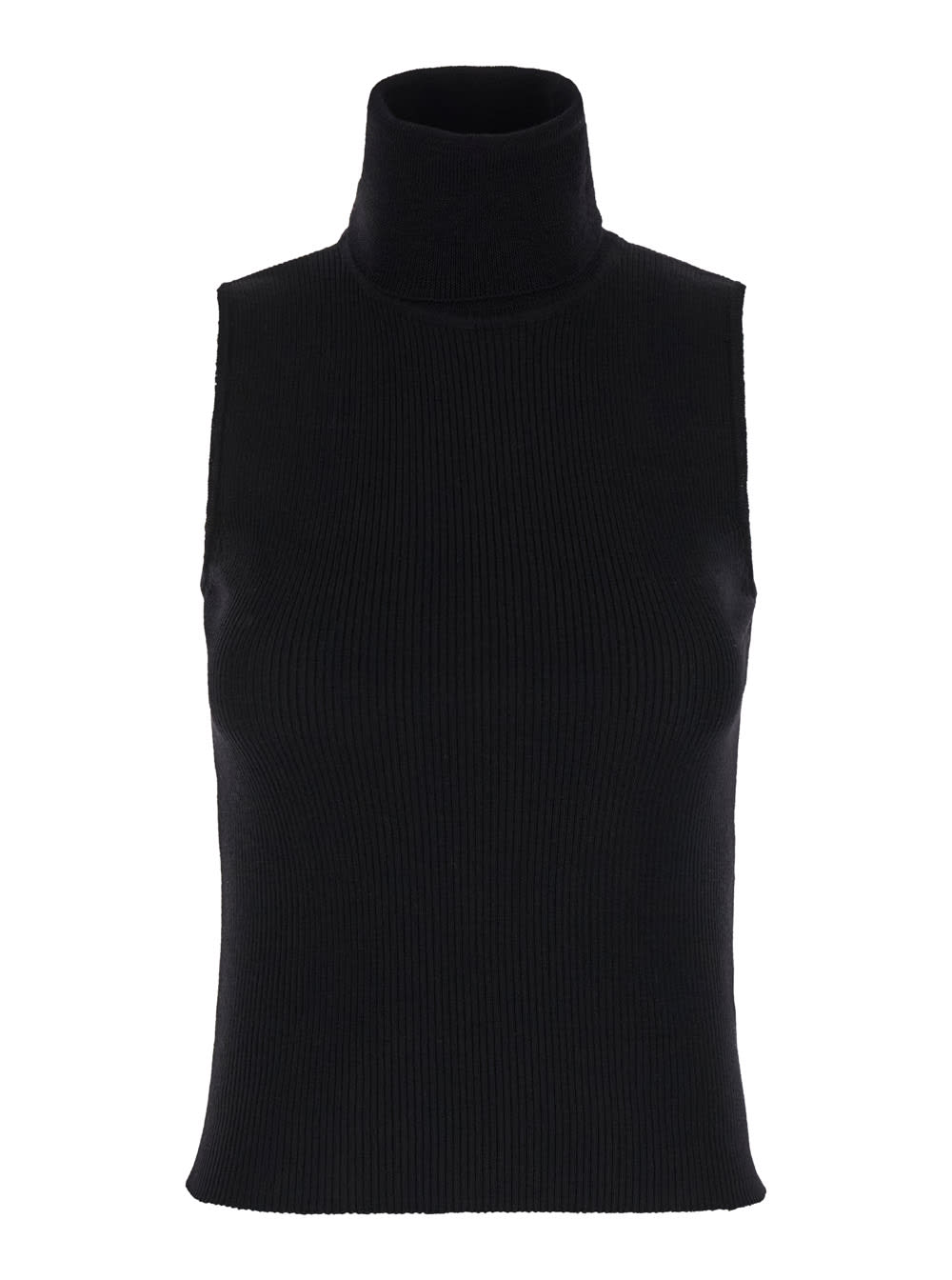 MAURO GRIFONI BLACK HIGH NECK TOP WITH CUT-OUT IN RIBBED WOOL WOMAN 