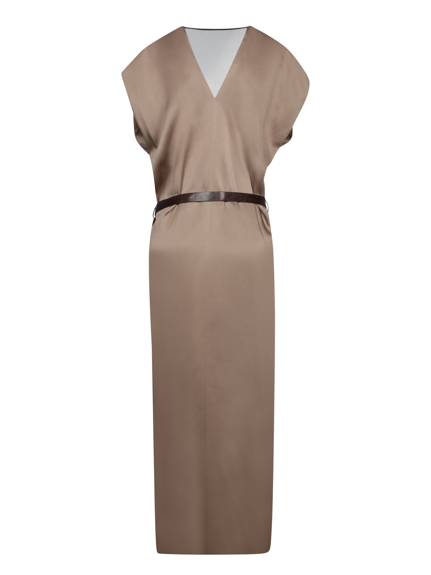 Brunello Cucinelli Taupe Satin Belted Midi Dress In Brown