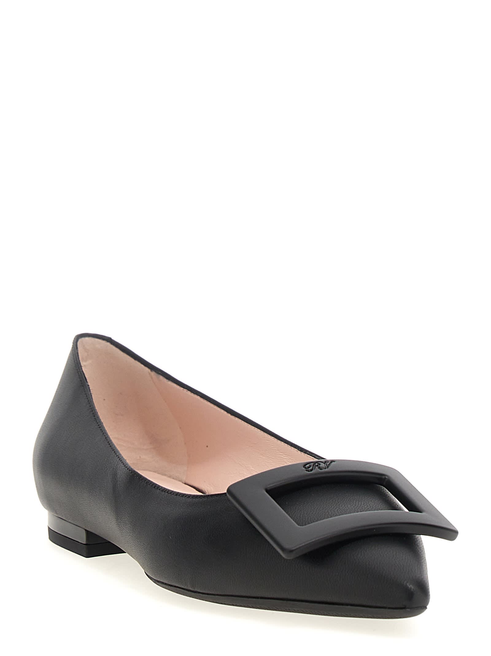 Roger Vivier Gommettine Leather Ballet Flats With Tonal Buckle In Black