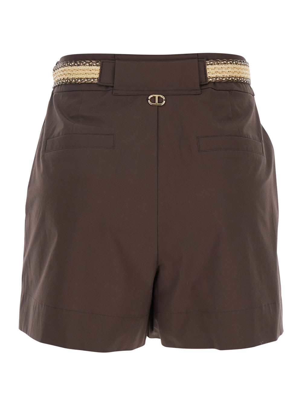 Shop Twinset Brown Shorts With Waist Belt And Metallic Logo Plaque In Cotton Poplin Woman