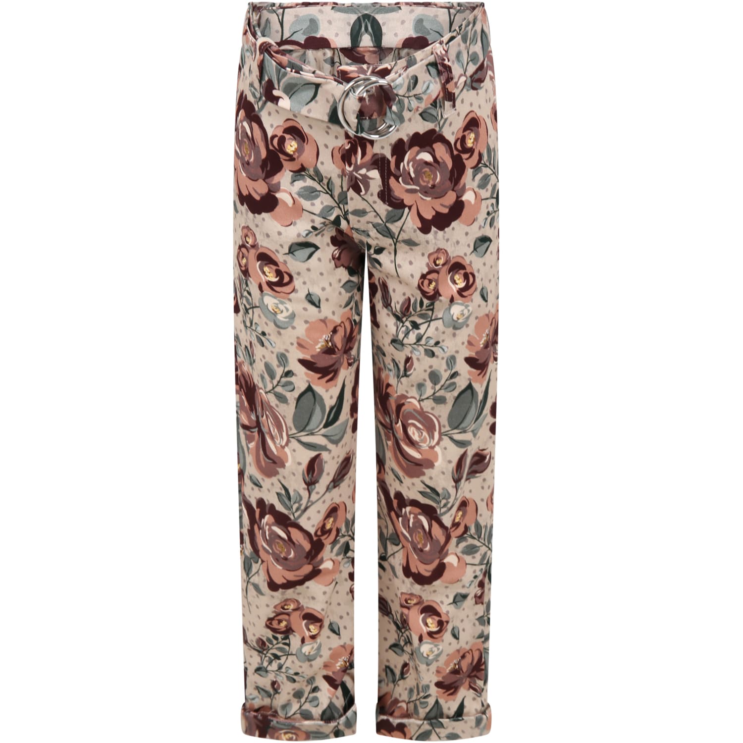 Coco Au Lait Beige Trousers For Girl With Floral Print