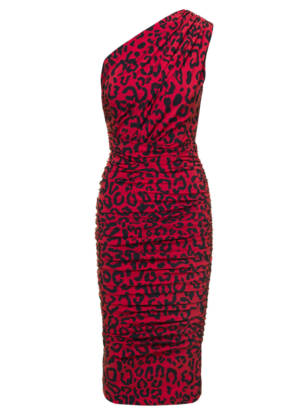 Dolce & Gabbana Red One-shoulder Leopard-print Midi Dress In Jersey Woman