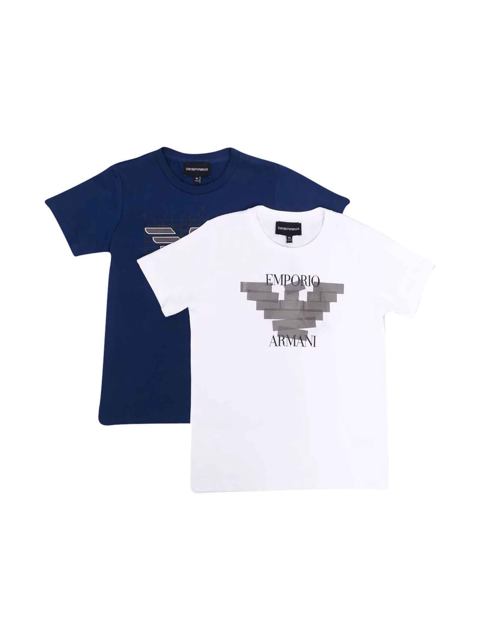 Emporio Armani Blue And White T-shirts Set With Crew Neck And Straight Hem