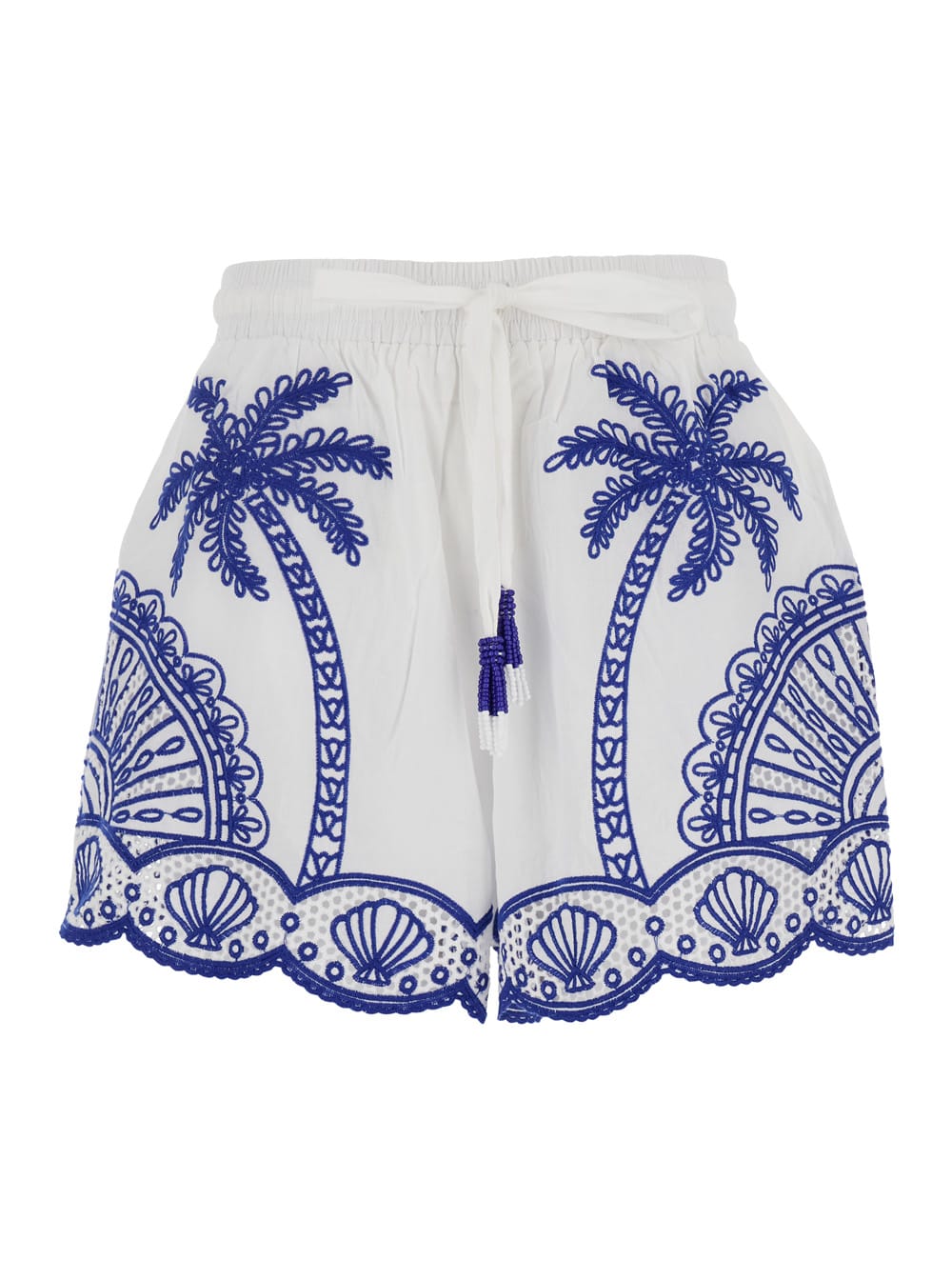 Blue Shorts With Elastic Drawstring Waist And All-over Palm Embroidery In Cotton Woman