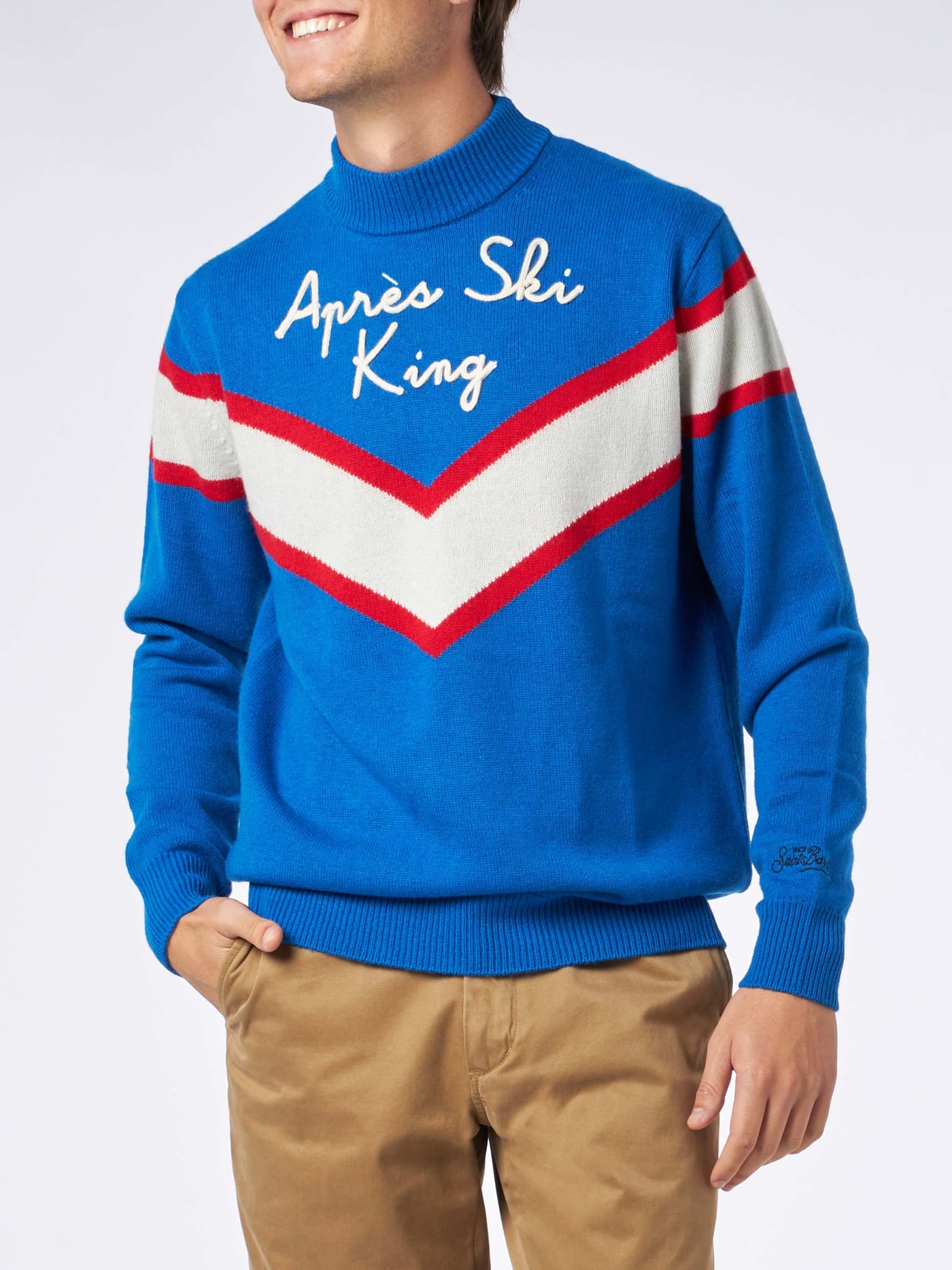 Shop Mc2 Saint Barth Man Half-turtleneck Sweater With Après Ski King Embroidery In Bluette