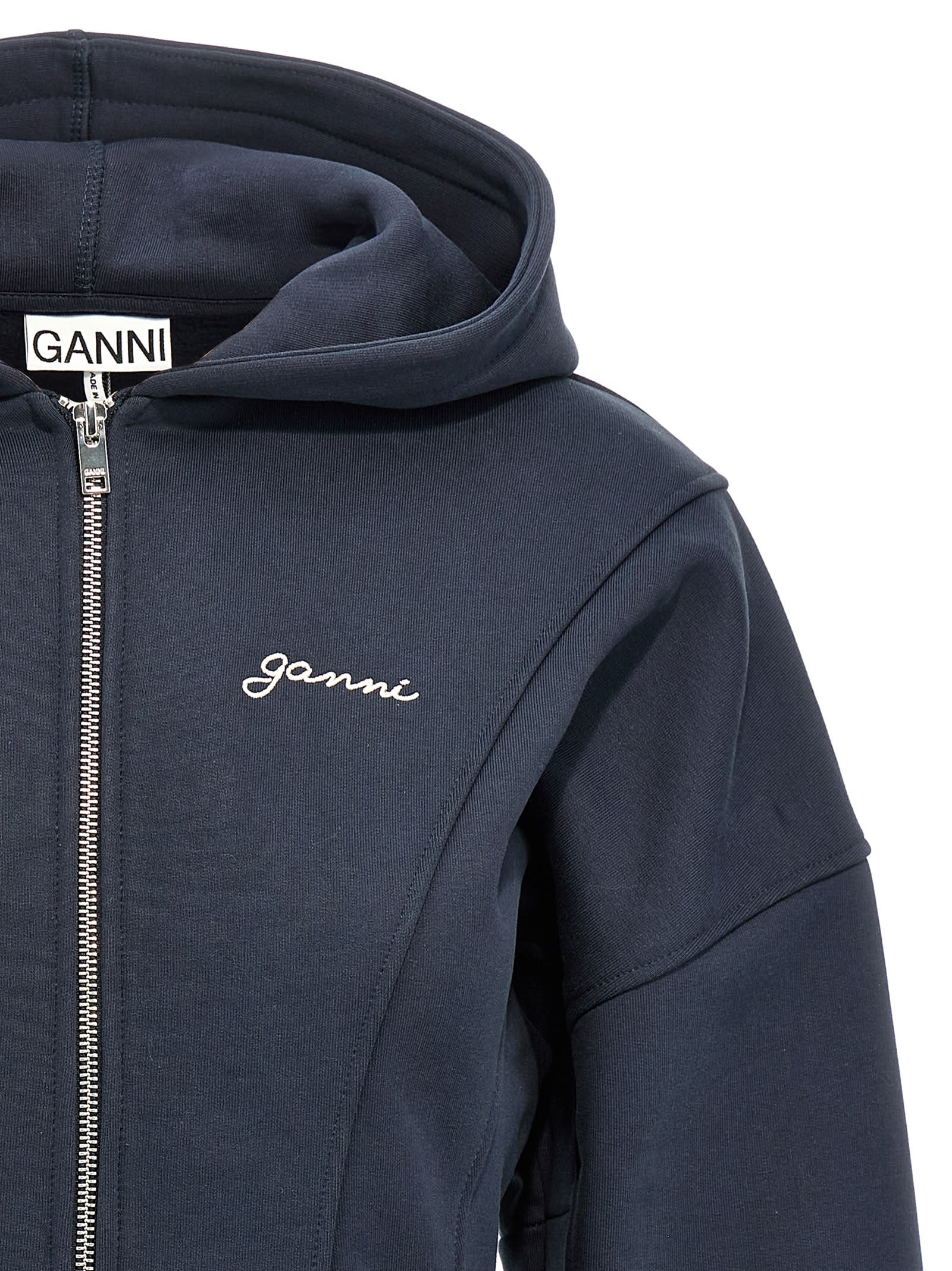 Shop Ganni Logo Embroidery Hoodie In Blue