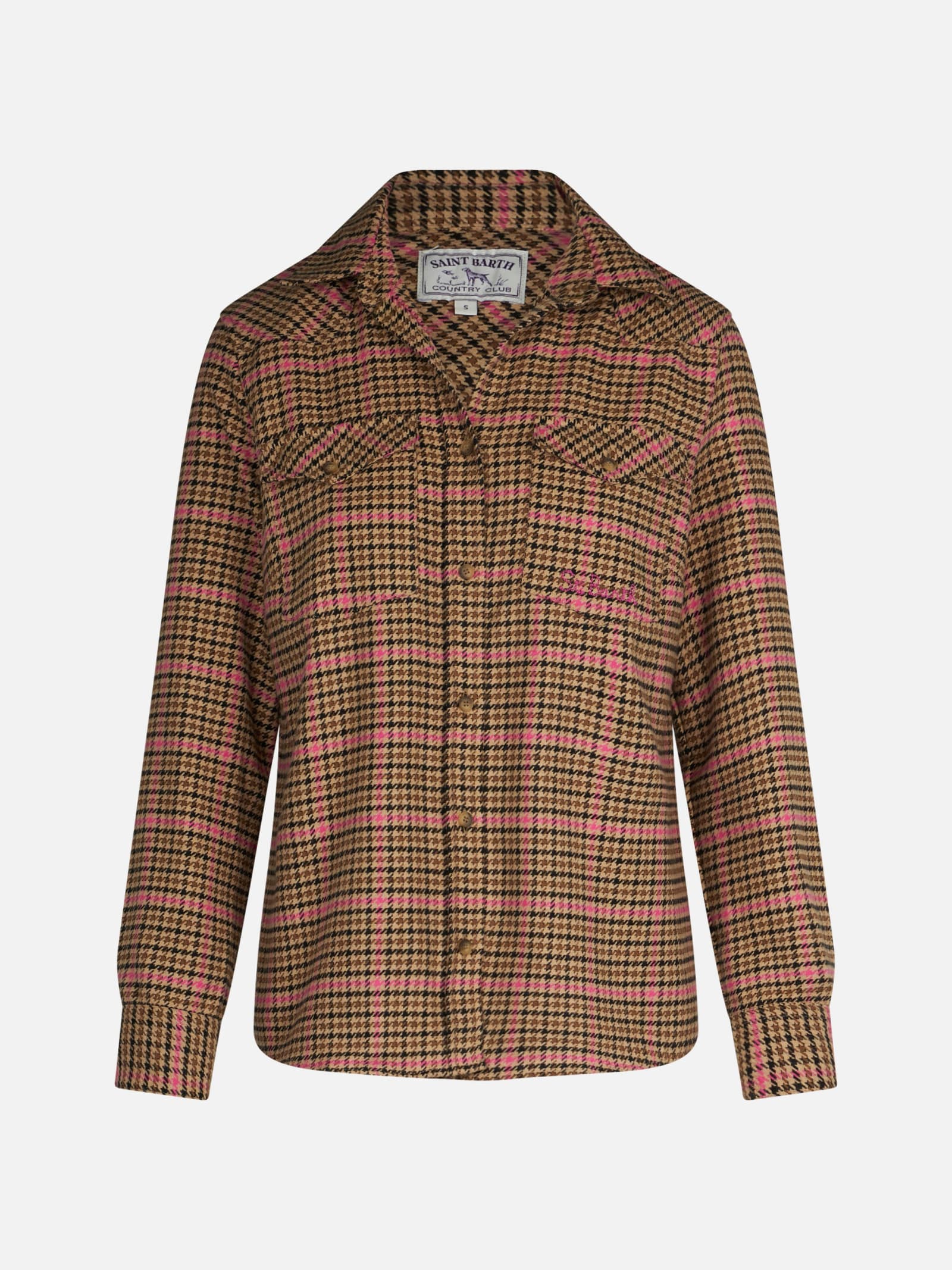 Shop Mc2 Saint Barth Woman Overshirt With Pied De Poule Print In Brown