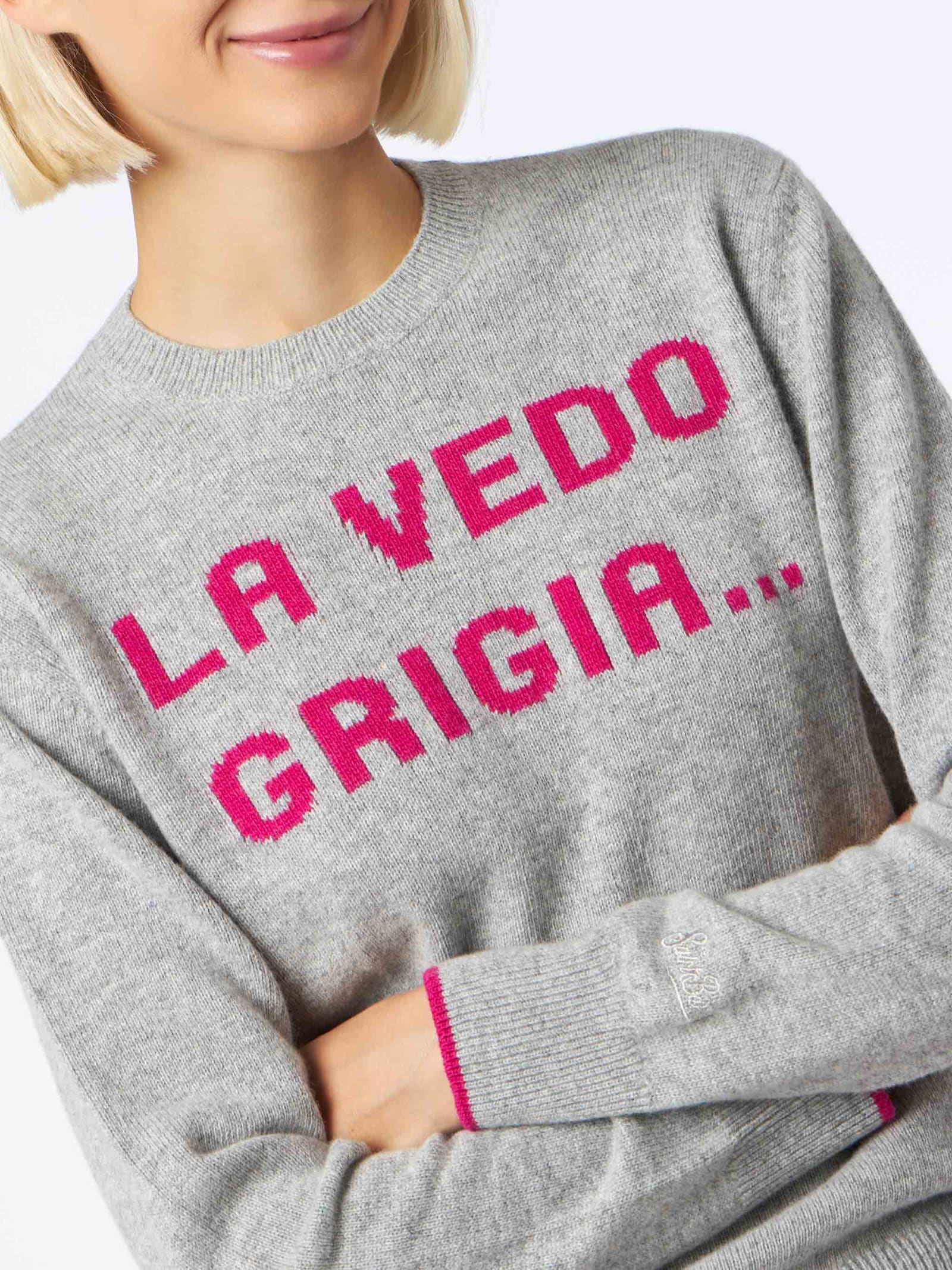 Shop Mc2 Saint Barth Woman Crewneck Grey Sweater With La Vedo Grigia... Print