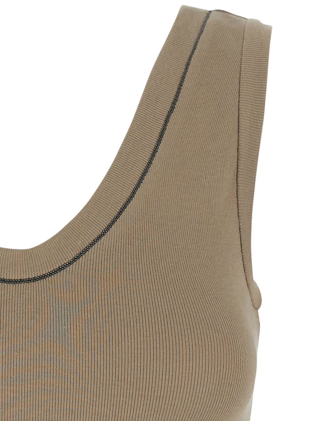 Brunello Cucinelli Grey Sleveless Top With Round Neck And Monile Detail On The Neck In Beige