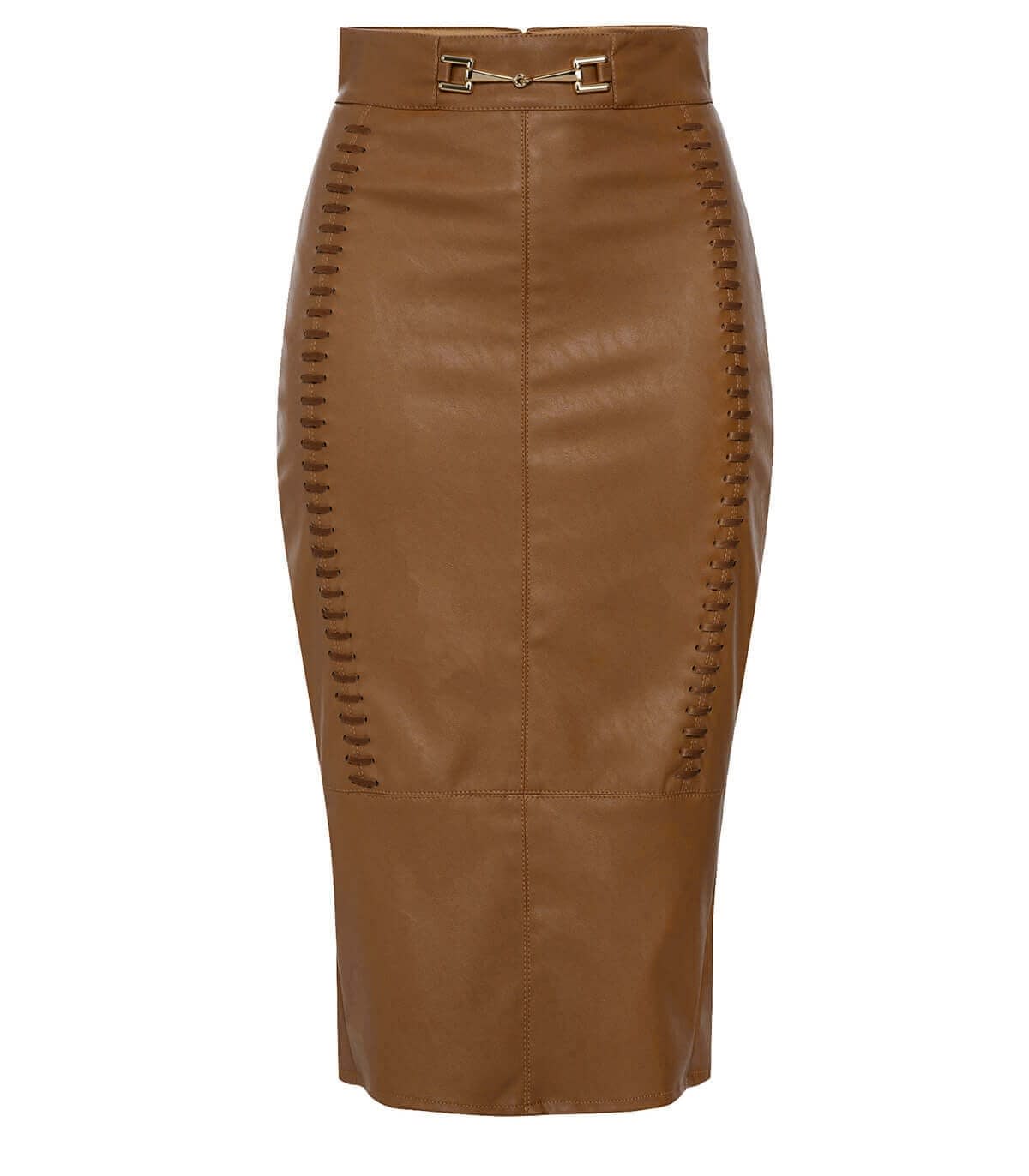 Elisabetta Franchi Brown Leather Effect Calf-lenght Skirt
