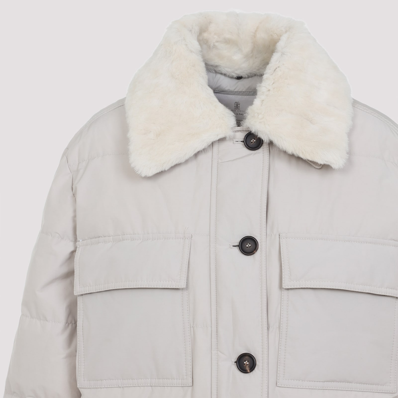 Brunello Cucinelli Shearling-collar Down Jacket In Gray