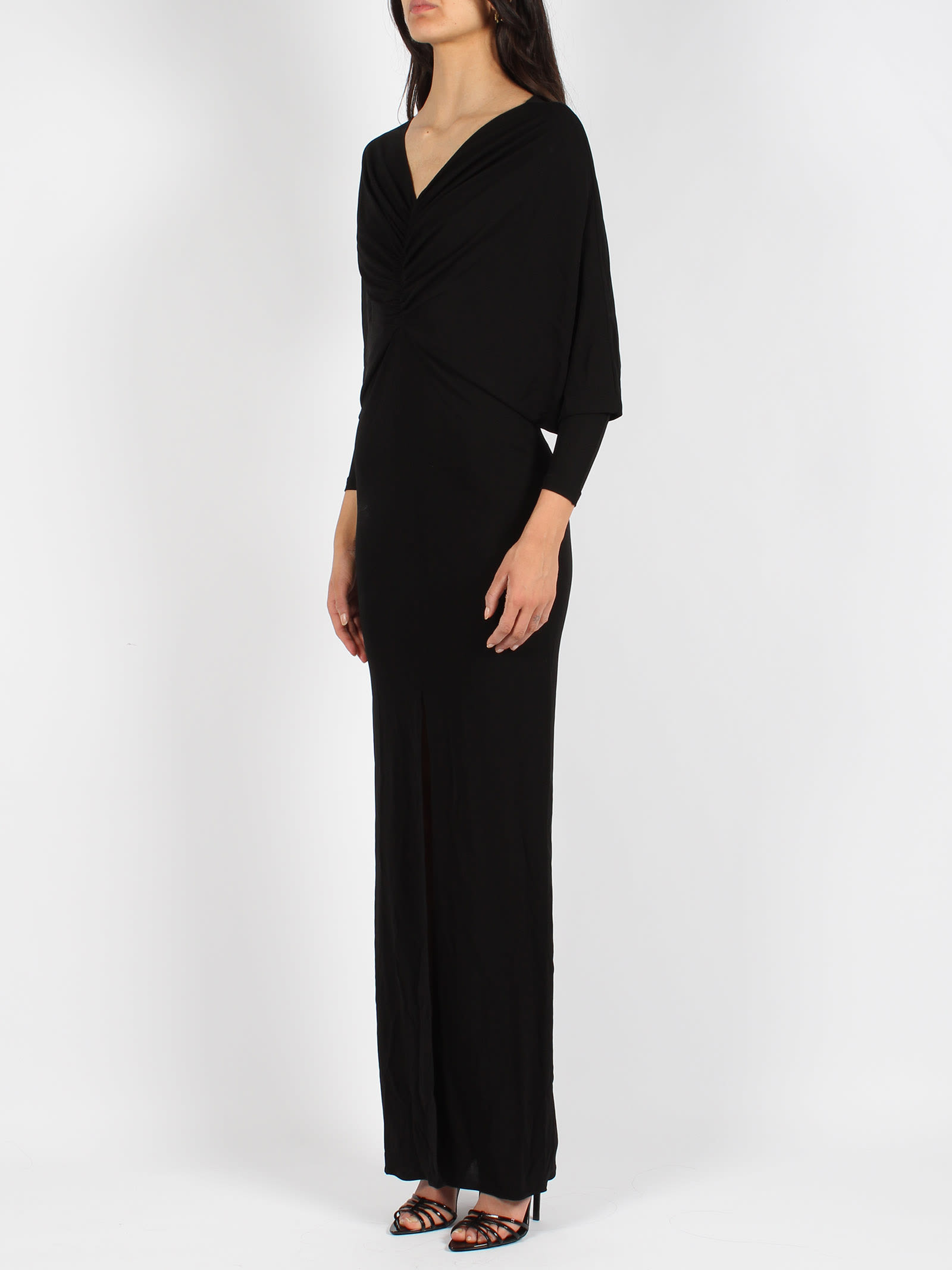 Saint Laurent Viscose Long Dress With Velvet Texture In Black