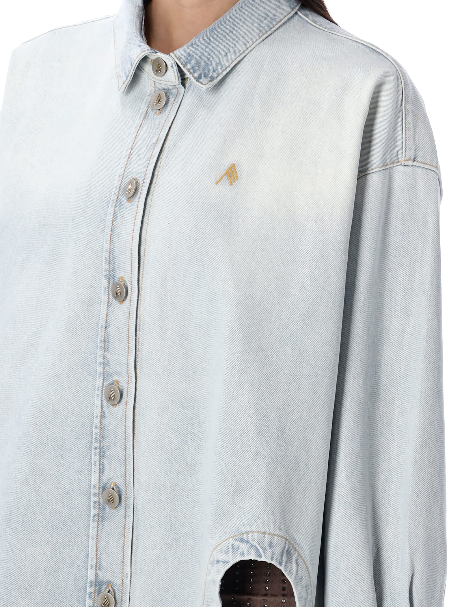 Attico Glossy Coated Denim Monogram Shirt In Sky Blue