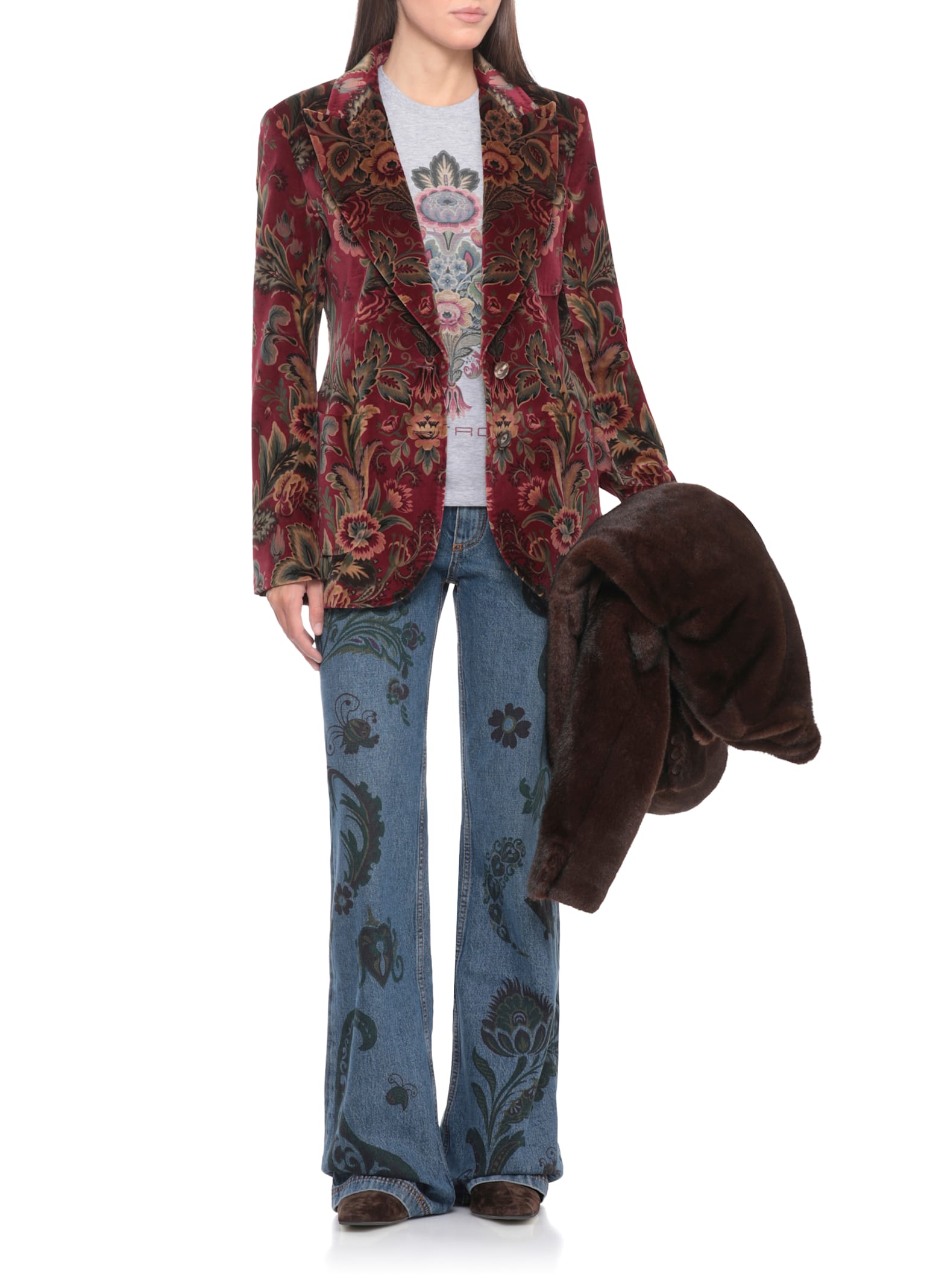 Etro Velvet Floral Pattern Long Sleeves Jacket In Red