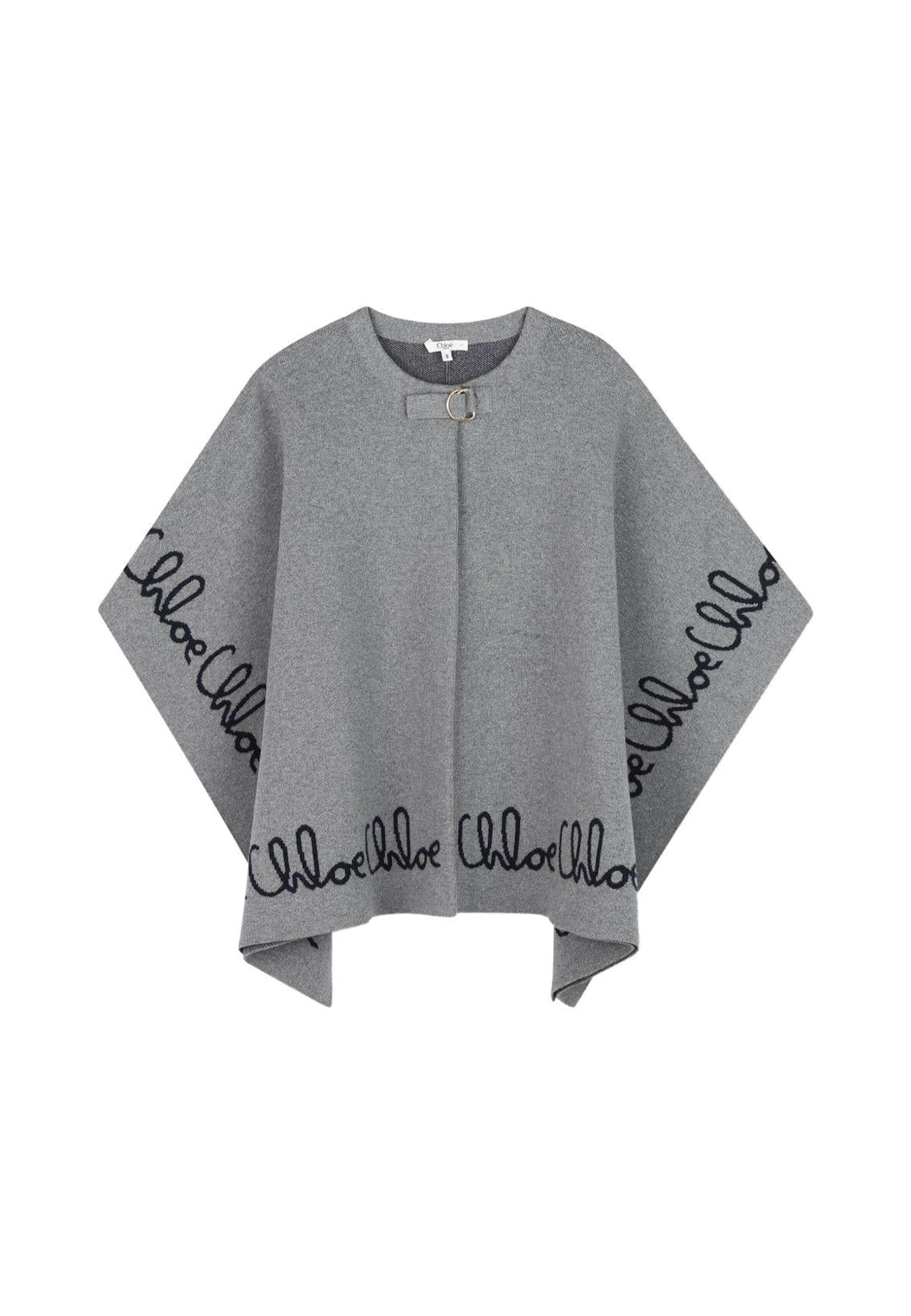 Chloé Kids Poncho With Embroidery In Gray