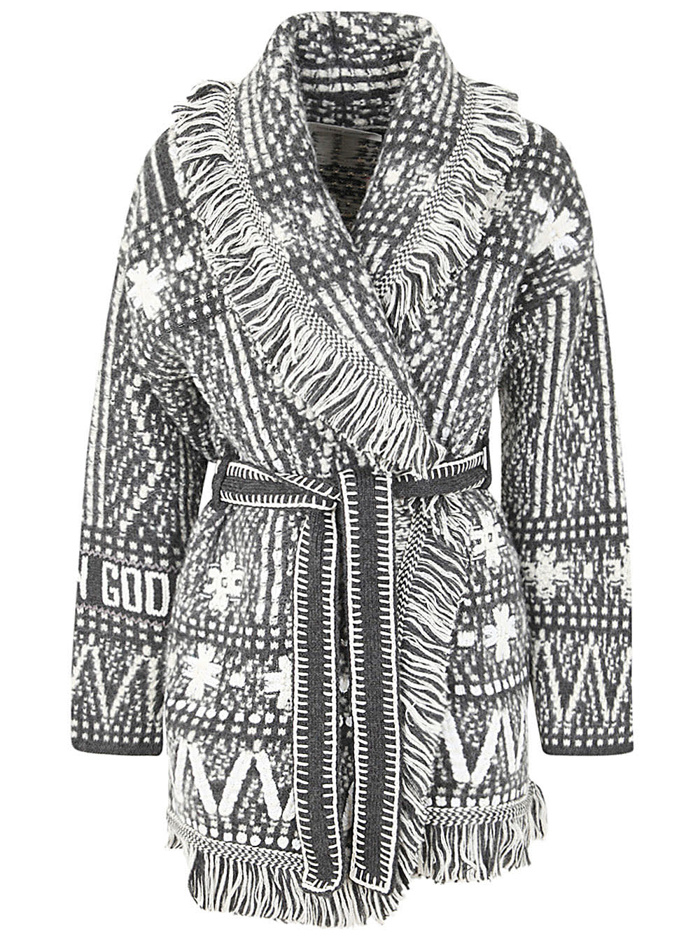 Golden Goose Belted Fringe Wool Cardigan In Dark Melange Grey Lamb`s Wool