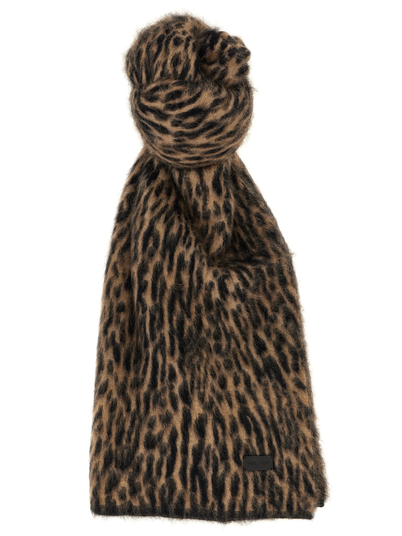 Saint Laurent Mohair Scarf With Leopard Pattern And Soft Texture In Brown