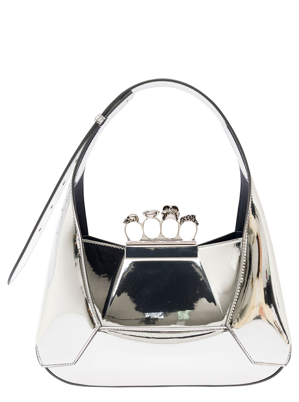 Silver Hobo Bag With Four Rings Detail In Metallic Fabric Woman
