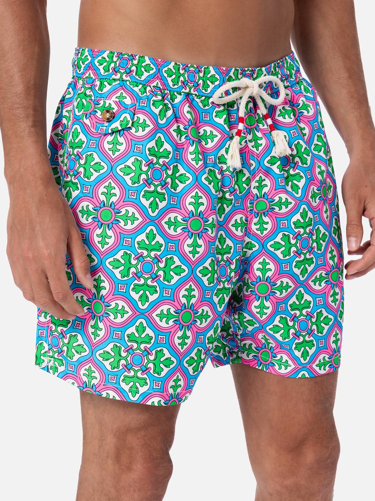 Mc2 Saint Barth Man Lightweight Fabric Swim-shorts Lighting 70 With Majolica Print In White