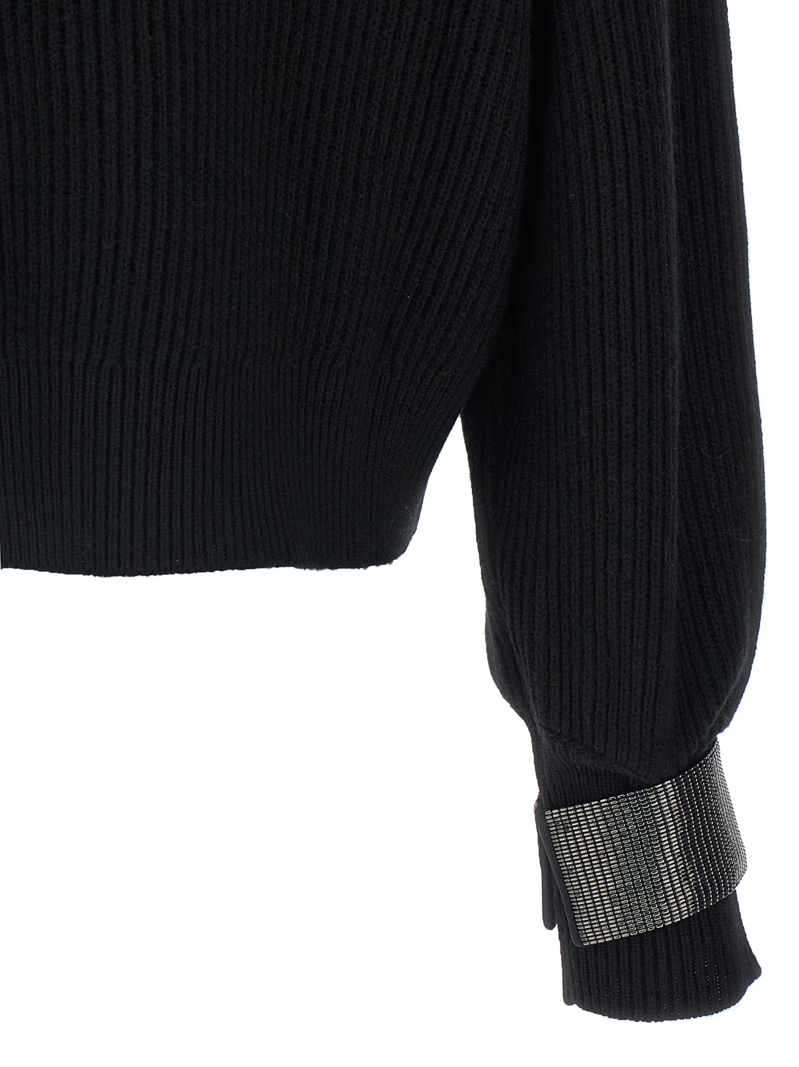 Brunello Cucinelli Ribbed High Neck Sweater With Cuffed Sleeves In Blue