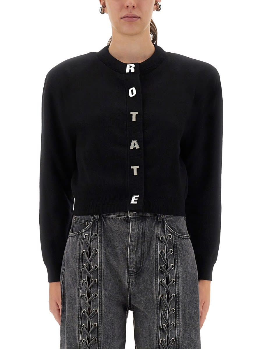 Rotate Birger Christensen Rotate Cropped Cotton Cardigan With Metal Logo Detail In Black